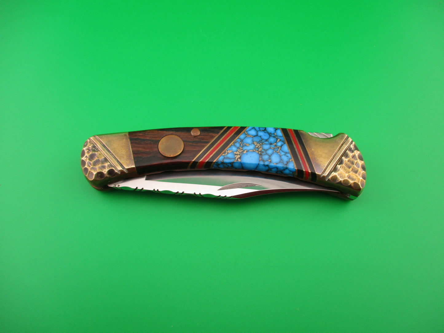 BUCK 110 BASH DANI SA Conversion Customized Navajo style Turquoise & Brass automatic knife