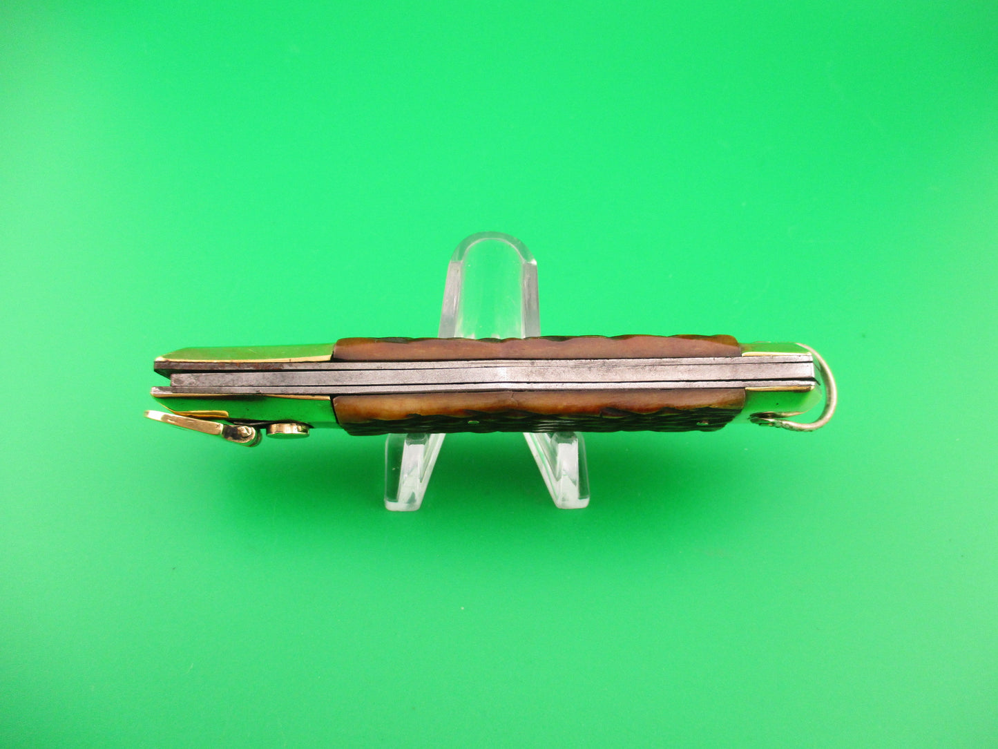 STAINLESS 19cm Japanese Unusual Button Lever Bone & Brass vintage automatic knife