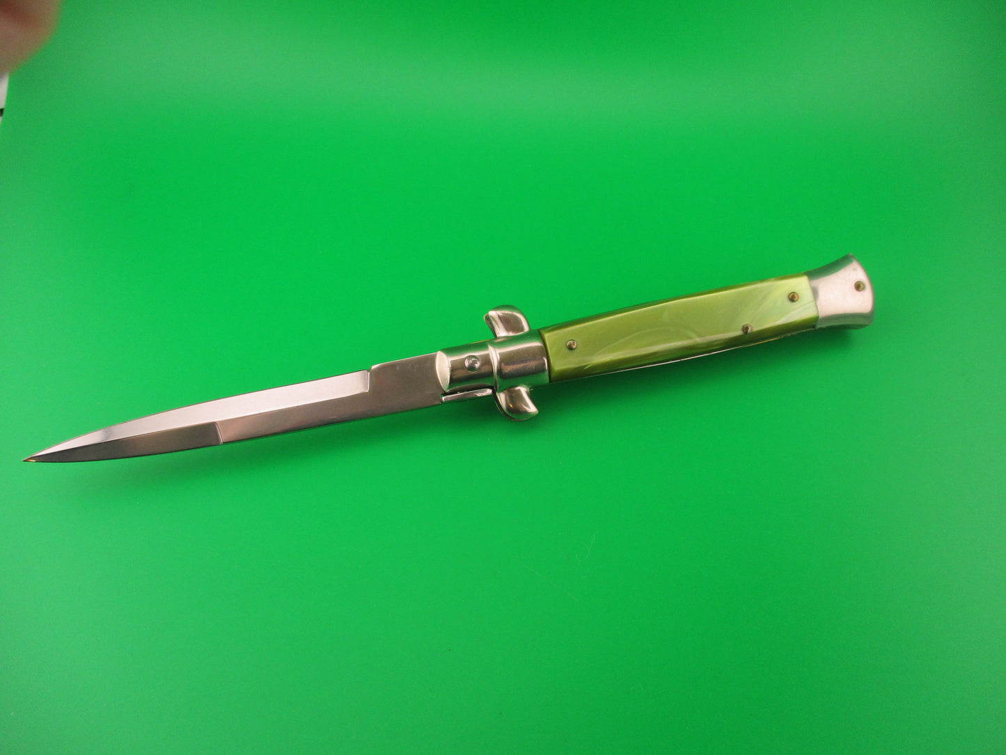 ITALY INOX 23cm Italian Stiletto Swivel Bolster vintage Green pearl automatic knife