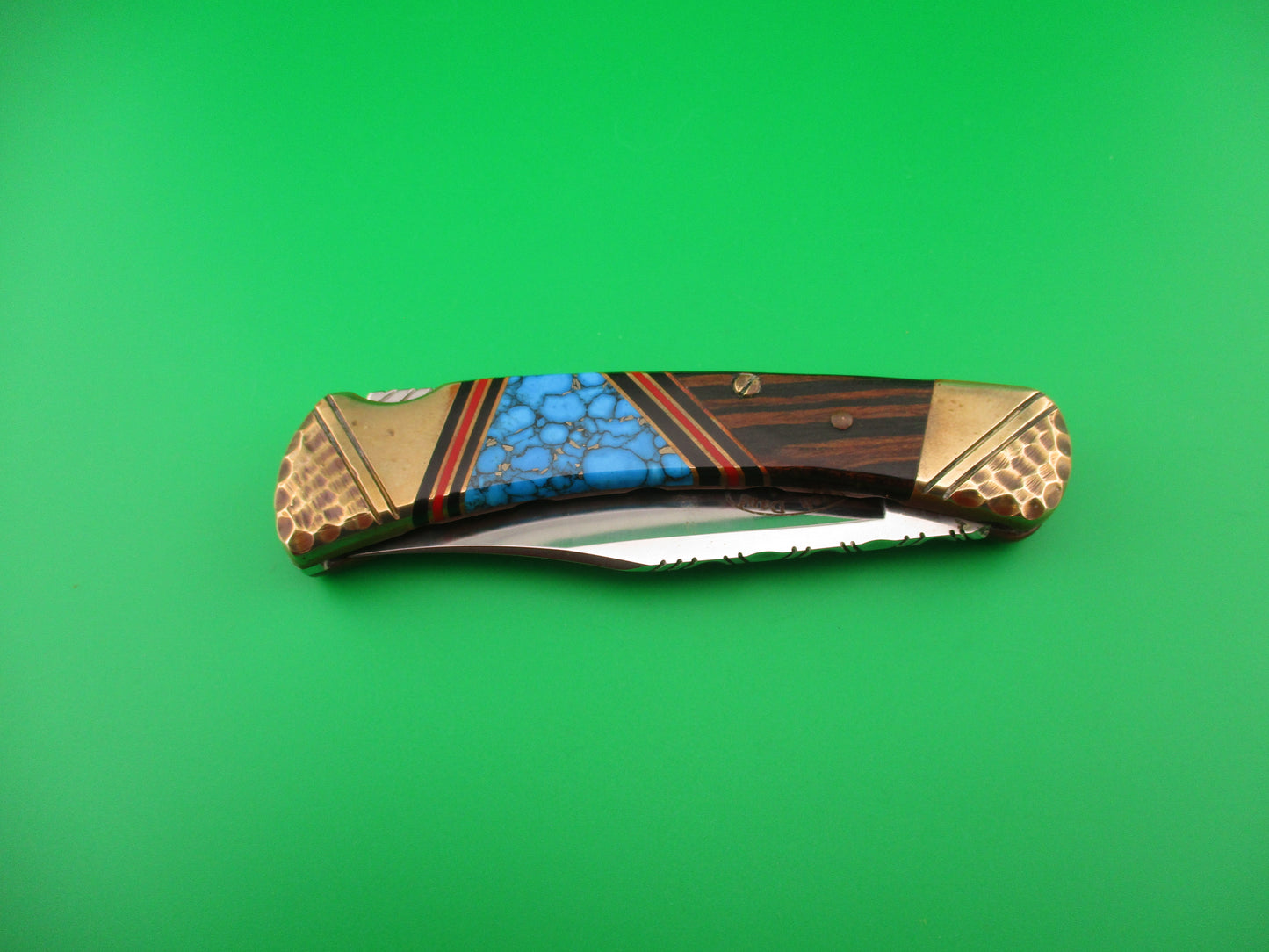 BUCK 110 BASH DANI SA Conversion Customized Navajo style Turquoise & Brass automatic knife