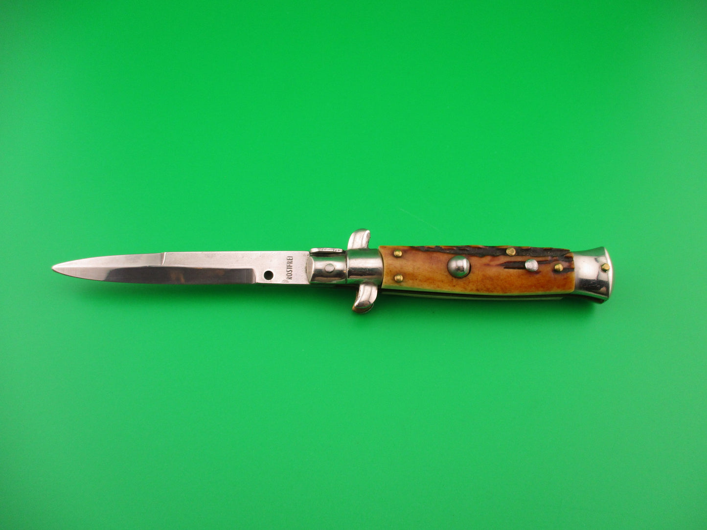 ROSTFREI 16cm Italian Stag stiletto Oreste Dibon swivel bolster automatic knife