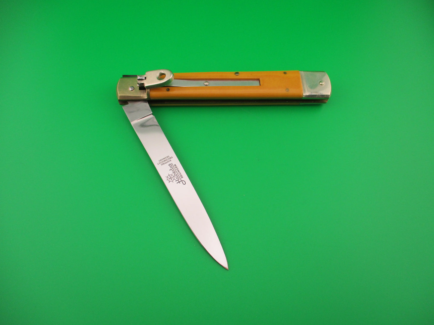 Hubertus Solingen 14cm Large Slimline Lever Yellow Micarta automatic knife