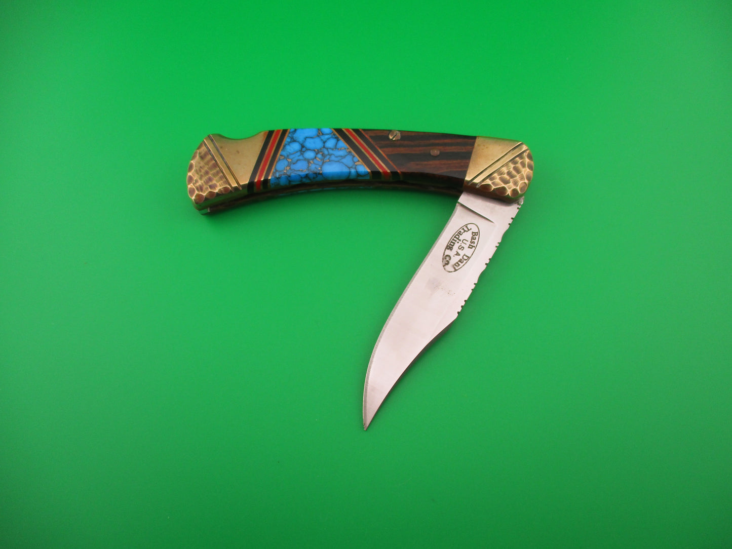 BUCK 110 BASH DANI SA Conversion Customized Navajo style Turquoise & Brass automatic knife