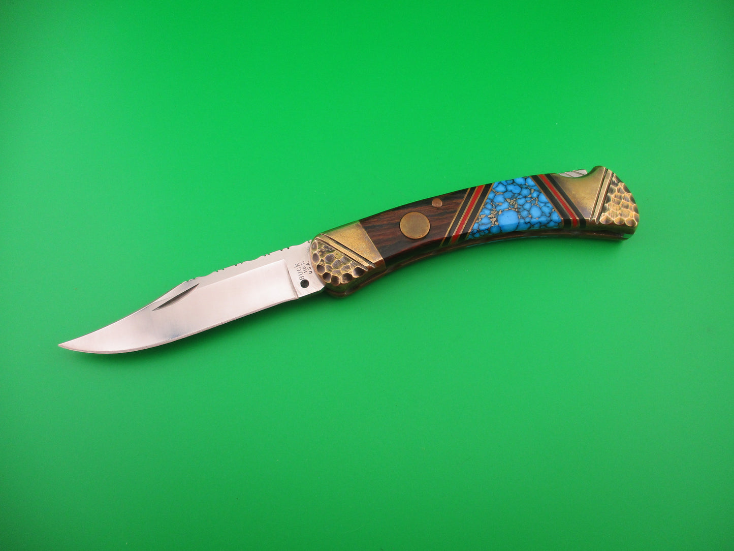 BUCK 110 BASH DANI SA Conversion Customized Navajo style Turquoise & Brass automatic knife
