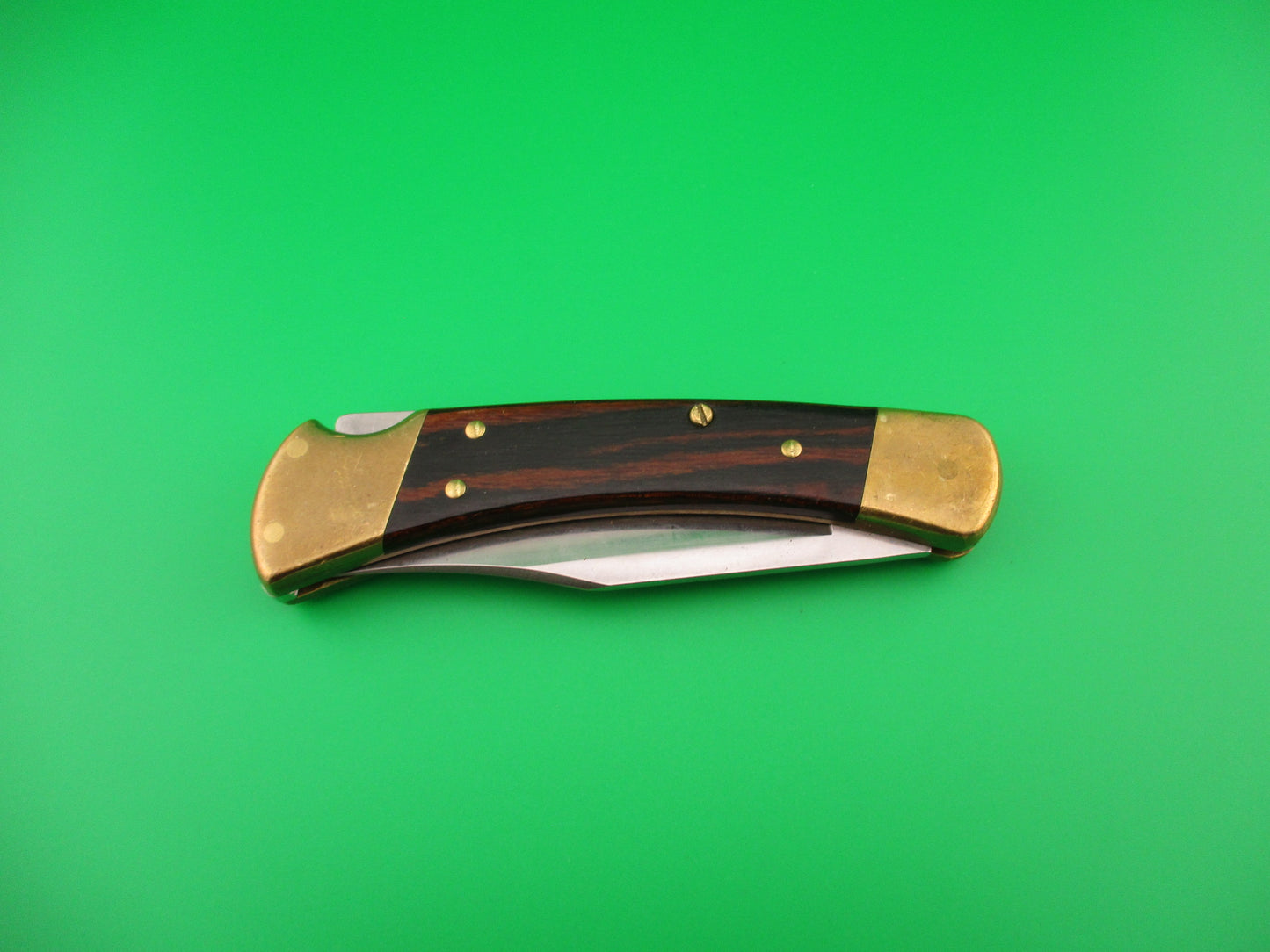 BUCK USA 110 Converted SA Wood Brass 100th Anniversary lockback automatic knife