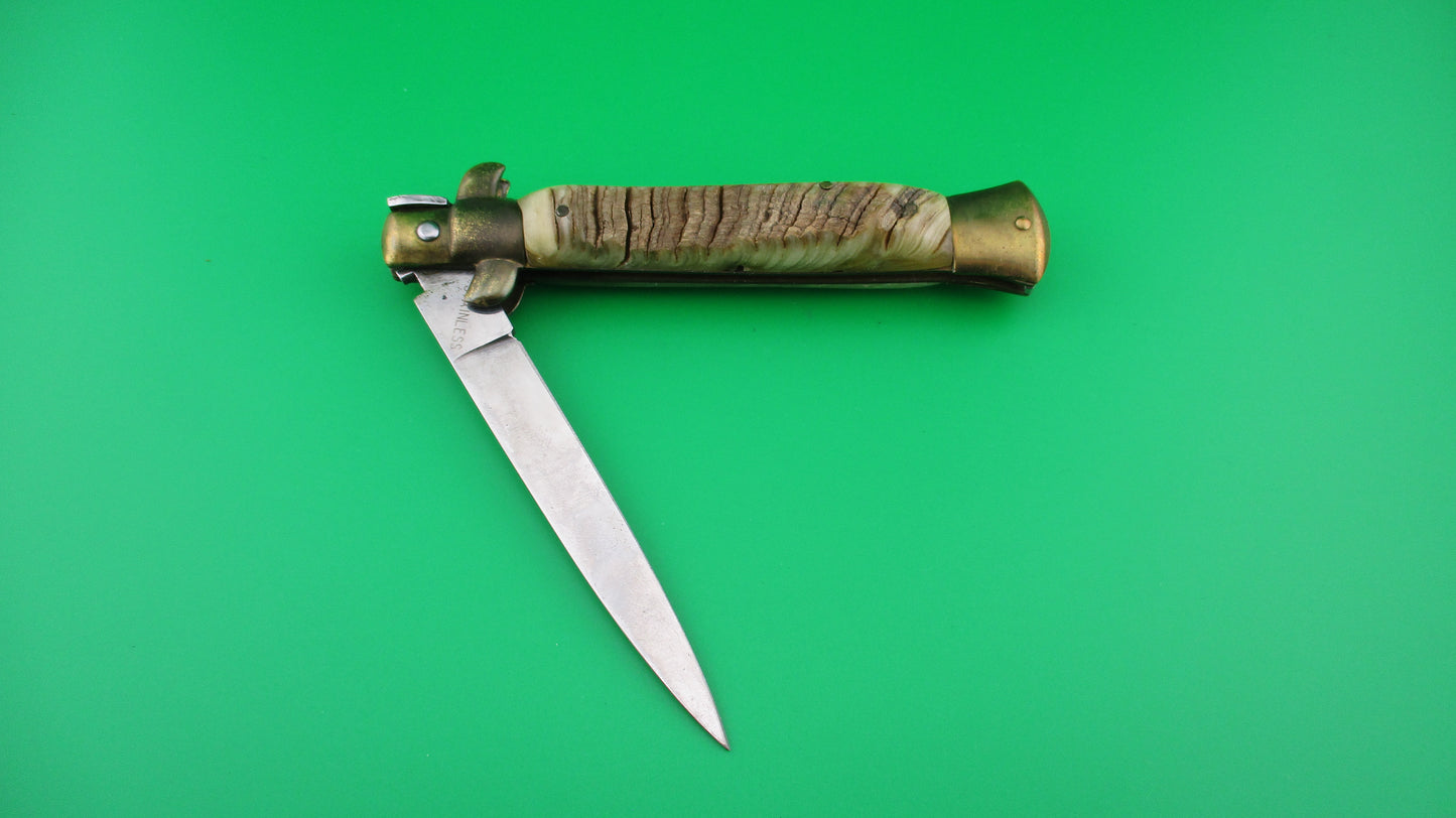 z STAINLESS (slant) 23cm Italian Bolster Release Brass Rams horn automatic knife