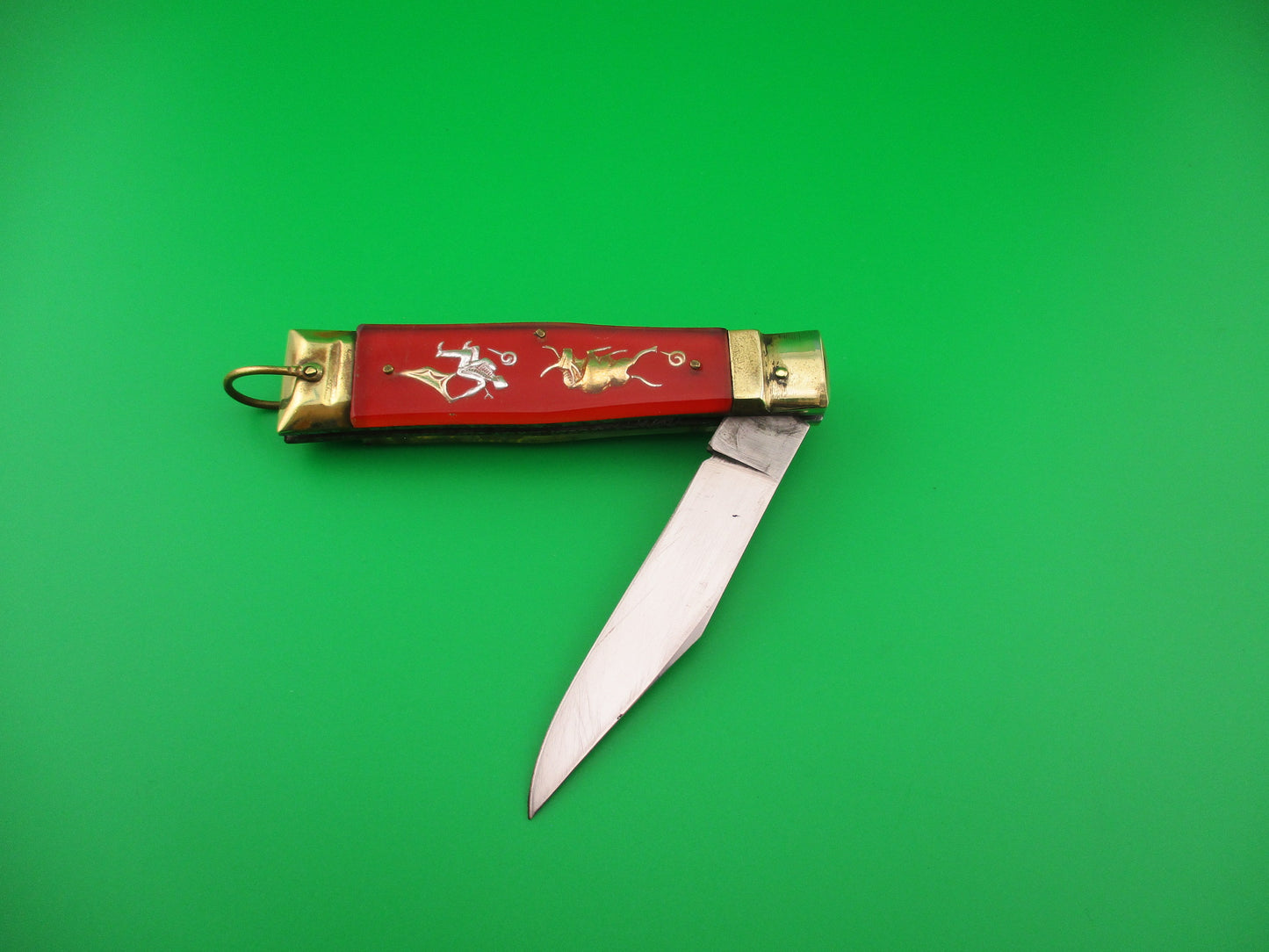 STAINLESS STEEL Bullfighter 19cm Red Gold Vintage Mexican Souvenir lever switchblade