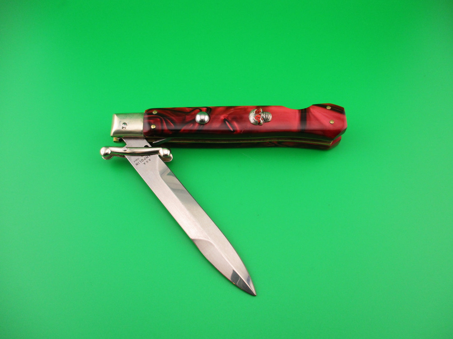 AGA CAMPOLIN 23cm Italian Swing Guard Custom Red Pearl Kirinite SKULL automatic knife