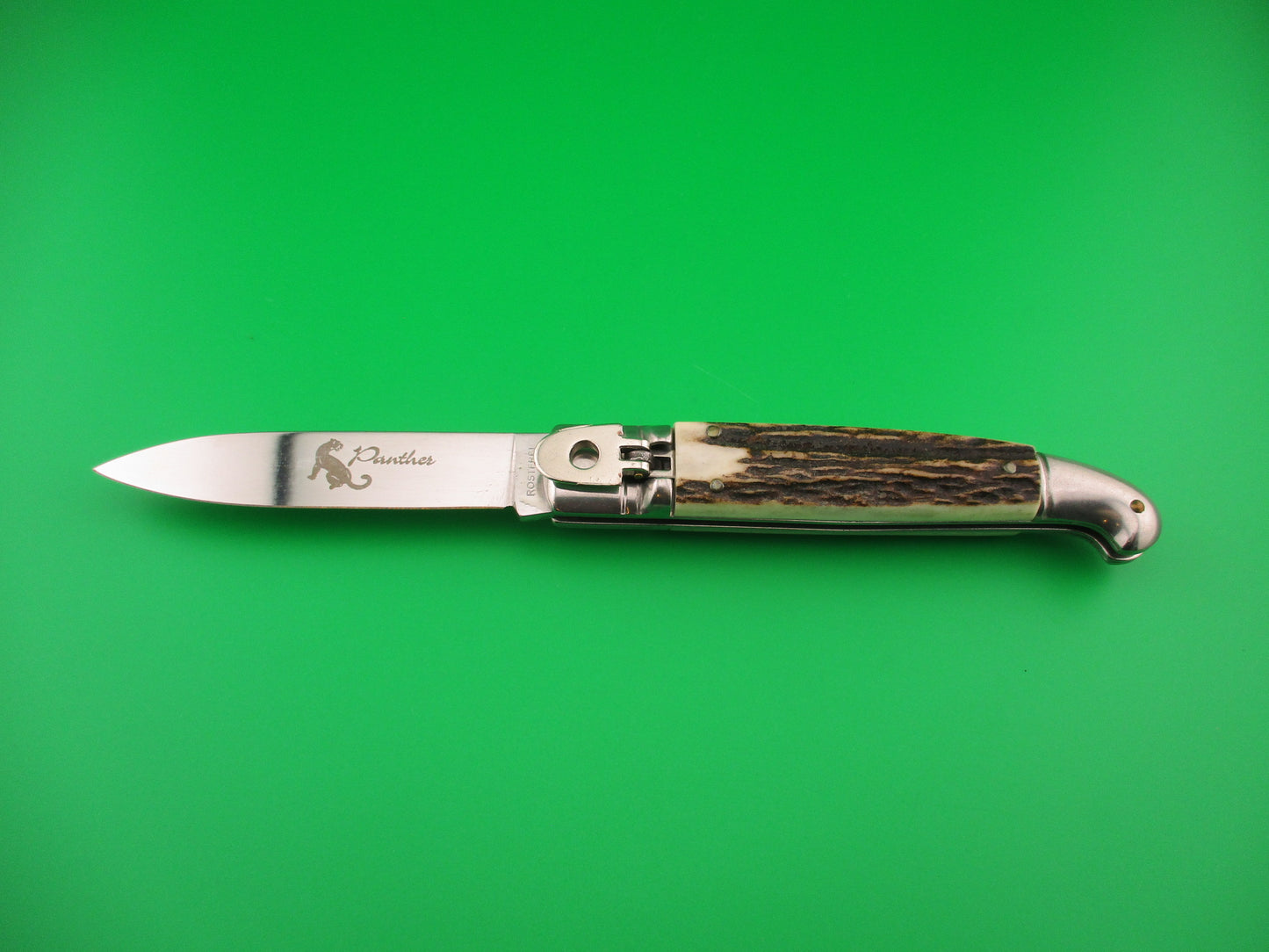 ROSTFREI Panther 20cm Italian Birds head lever automatic knife w Stag scales