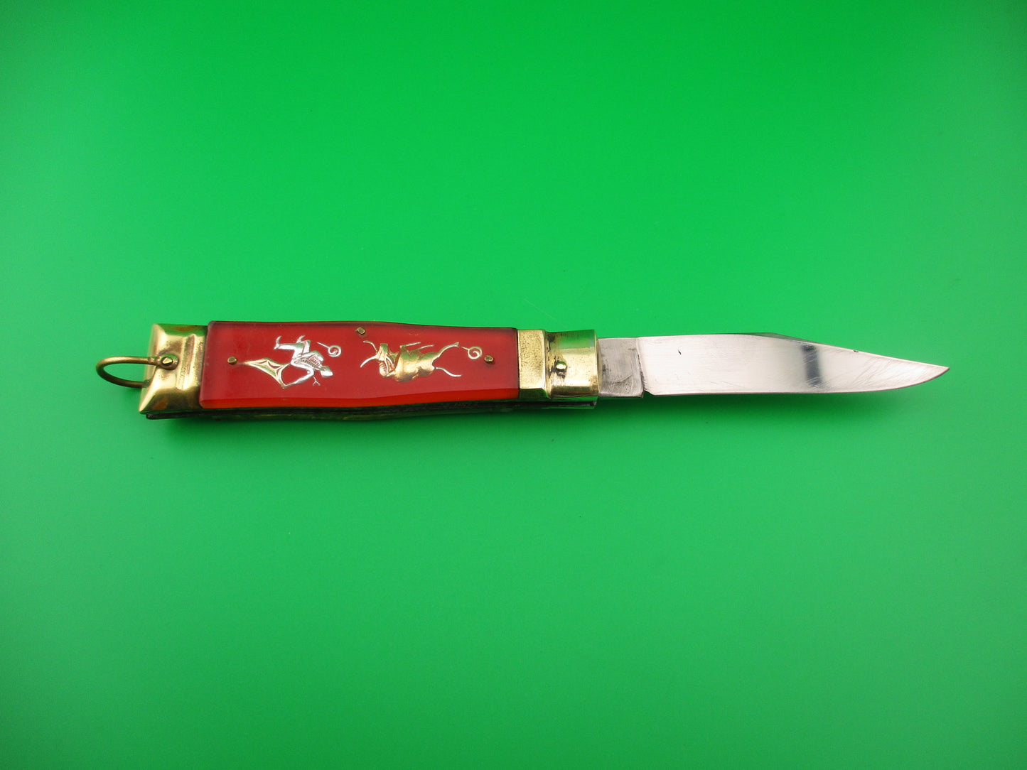 STAINLESS STEEL Bullfighter 19cm Red Gold Vintage Mexican Souvenir lever switchblade