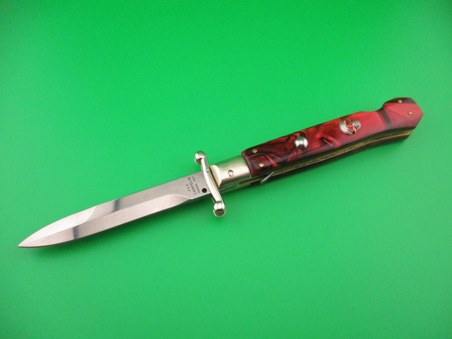 AGA CAMPOLIN 23cm Italian Swing Guard Custom Red Pearl Kirinite SKULL automatic knife