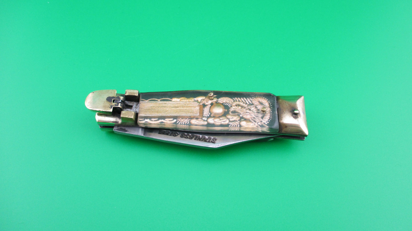 STAINLESS STEEL Bullfighter small 14cm Green Gold Vintage lever switchblade knife Mexican Souvenir