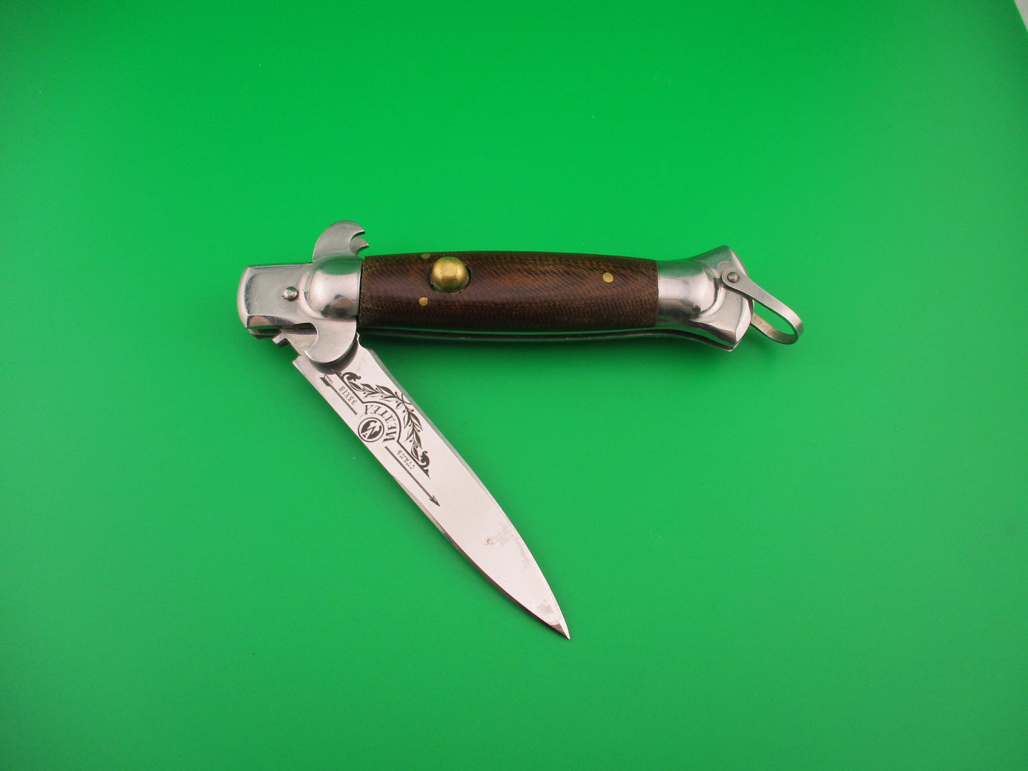 Medtex 22cm Russian stiletto swivel bolster brown Micarta automatic knife