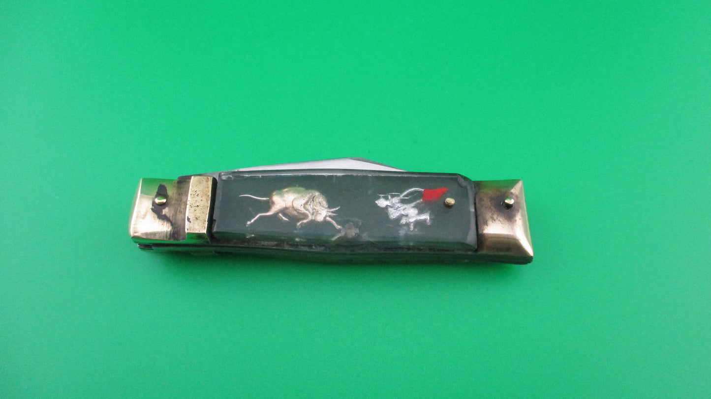 STAINLESS STEEL Bullfighter small 14cm Green Gold Vintage lever switchblade knife Mexican Souvenir