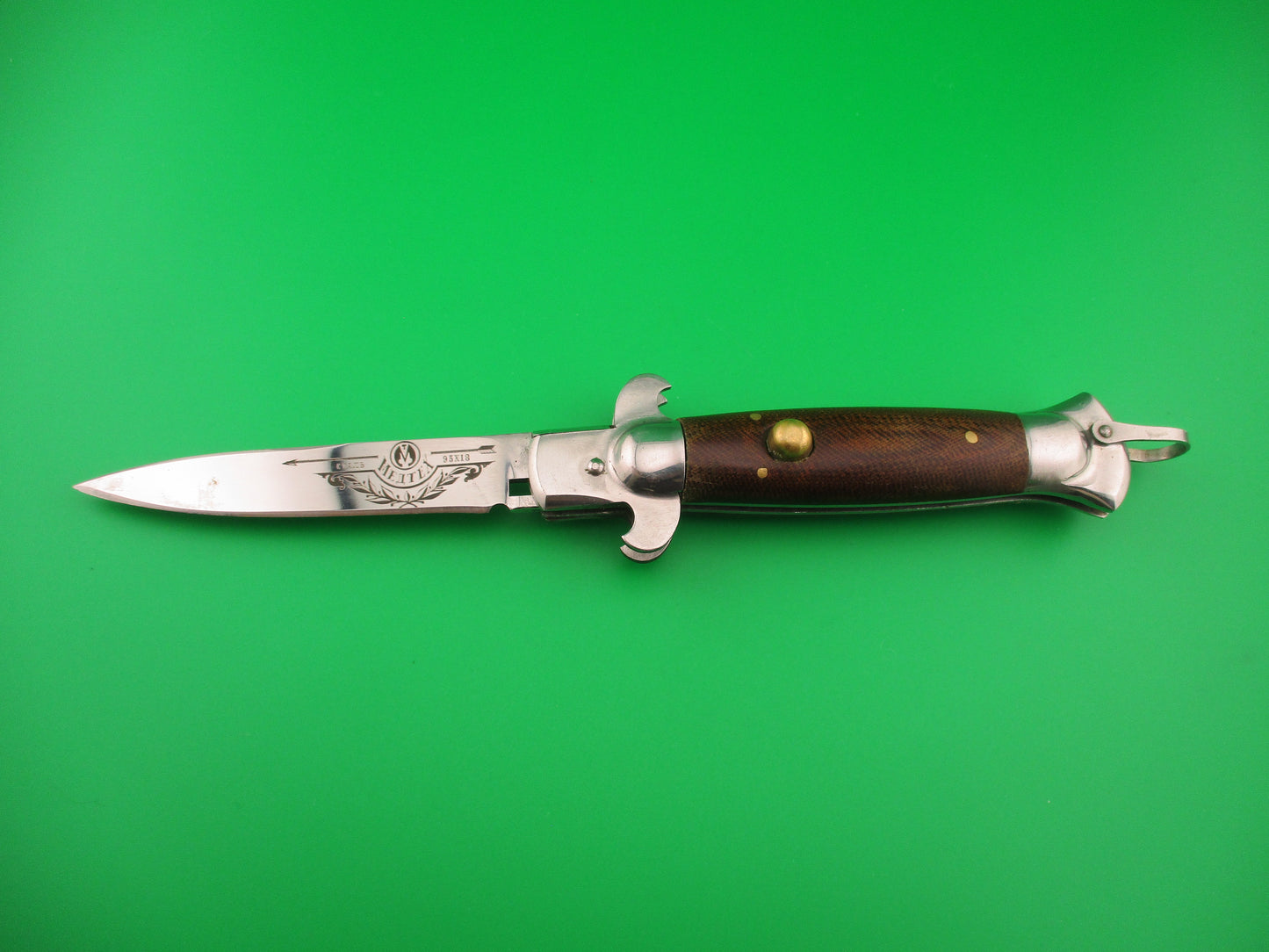 Medtex 22cm Russian stiletto swivel bolster brown Micarta automatic knife