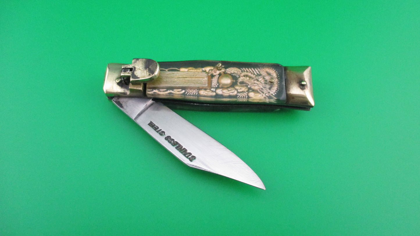 STAINLESS STEEL Bullfighter small 14cm Green Gold Vintage lever switchblade knife Mexican Souvenir