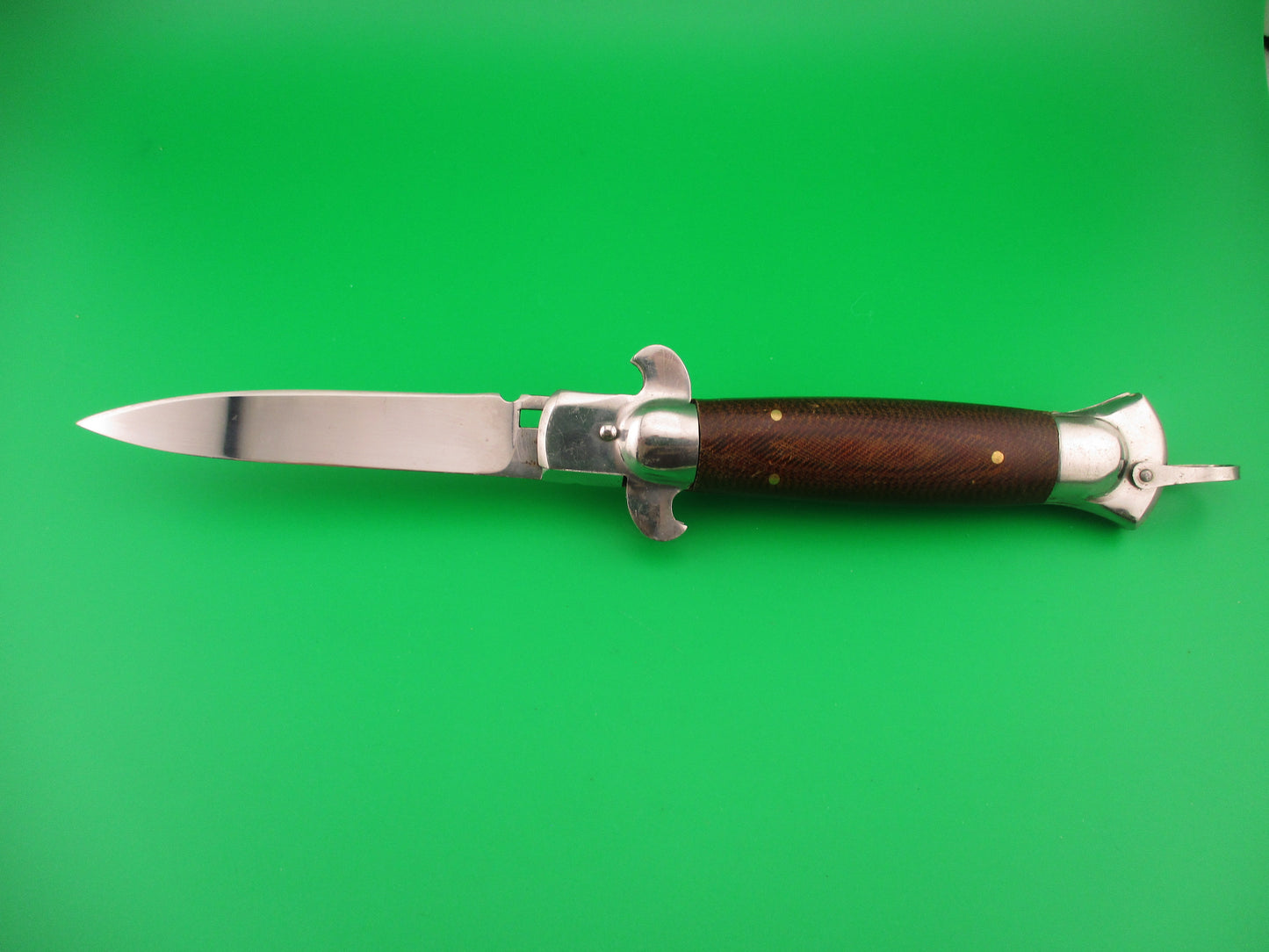 Medtex 22cm Russian stiletto swivel bolster brown Micarta automatic knife