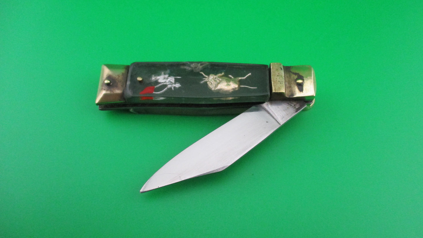 STAINLESS STEEL Bullfighter small 14cm Green Gold Vintage lever switchblade knife Mexican Souvenir