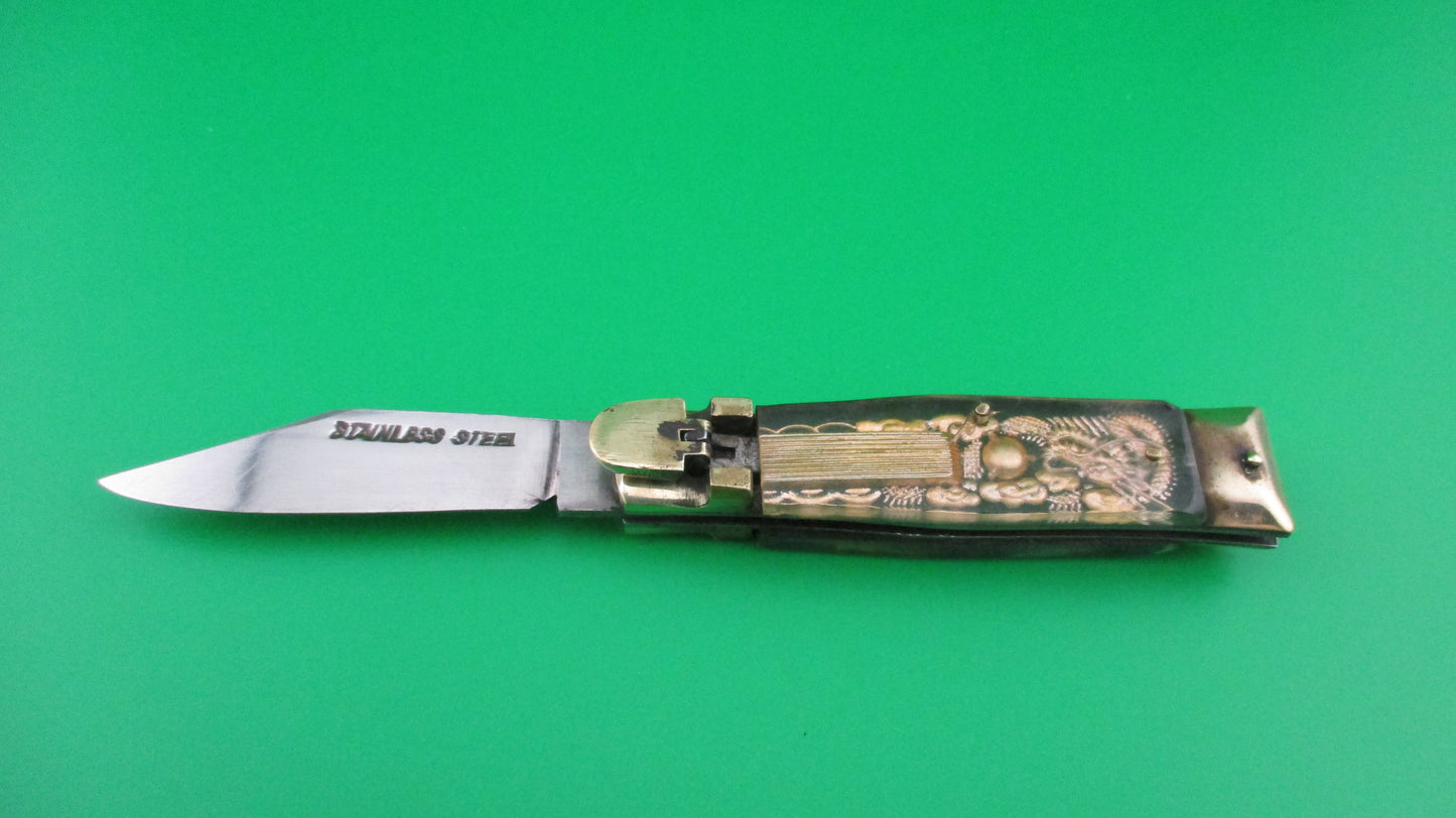 STAINLESS STEEL Bullfighter small 14cm Green Gold Vintage lever switchblade knife Mexican Souvenir