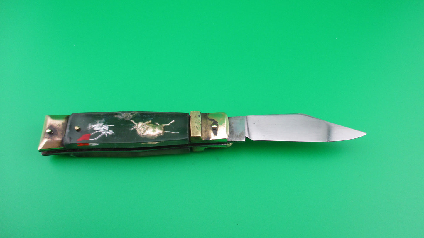 STAINLESS STEEL Bullfighter small 14cm Green Gold Vintage lever switchblade knife Mexican Souvenir