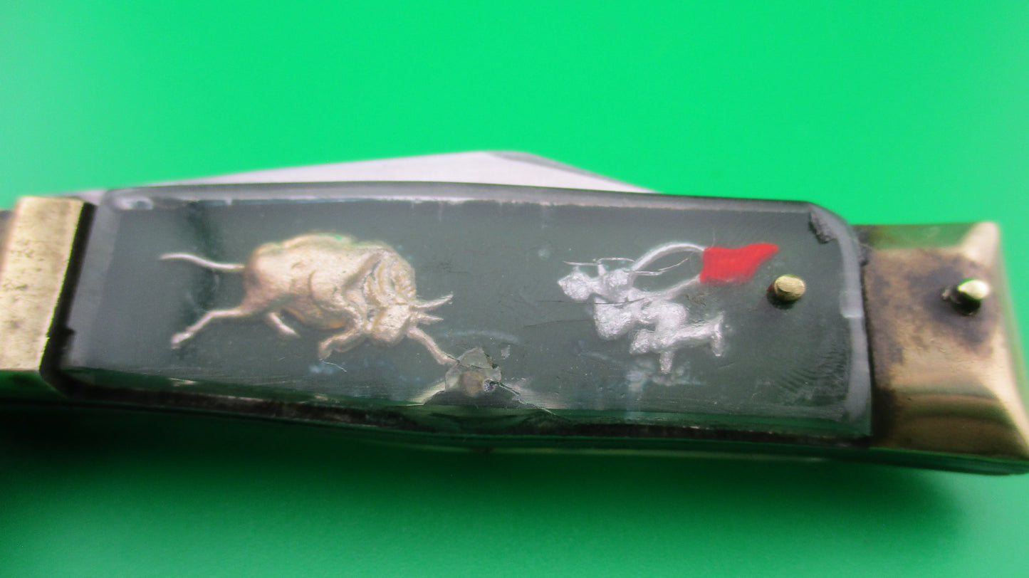STAINLESS STEEL Bullfighter small 14cm Green Gold Vintage lever switchblade knife Mexican Souvenir