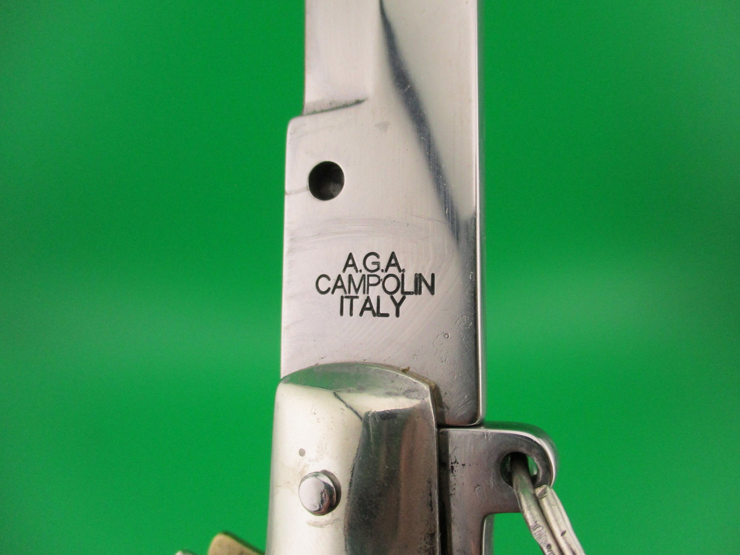 AGA CAMPOLIN ITALY 44cm Italian Ring Pull Stiletto Green & Cream Automatic knife