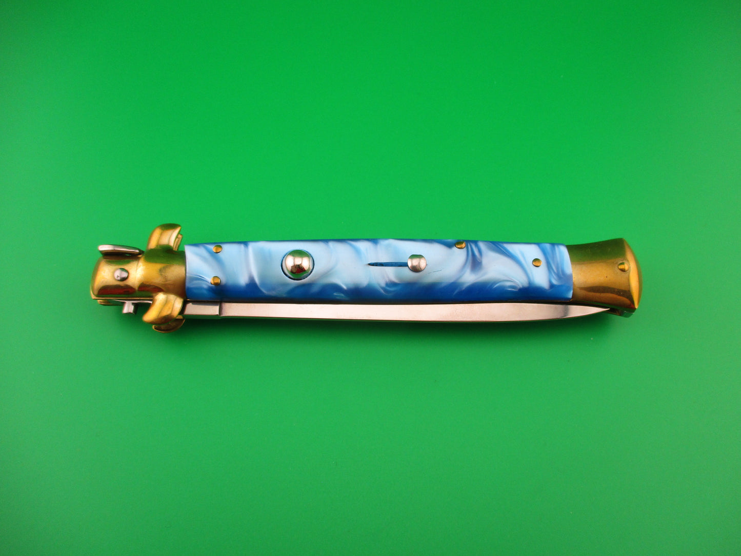 STILETTO ITALY 28cm Italian Stiletto Blue Pearlex & Brass Dagger vintage automatic knife