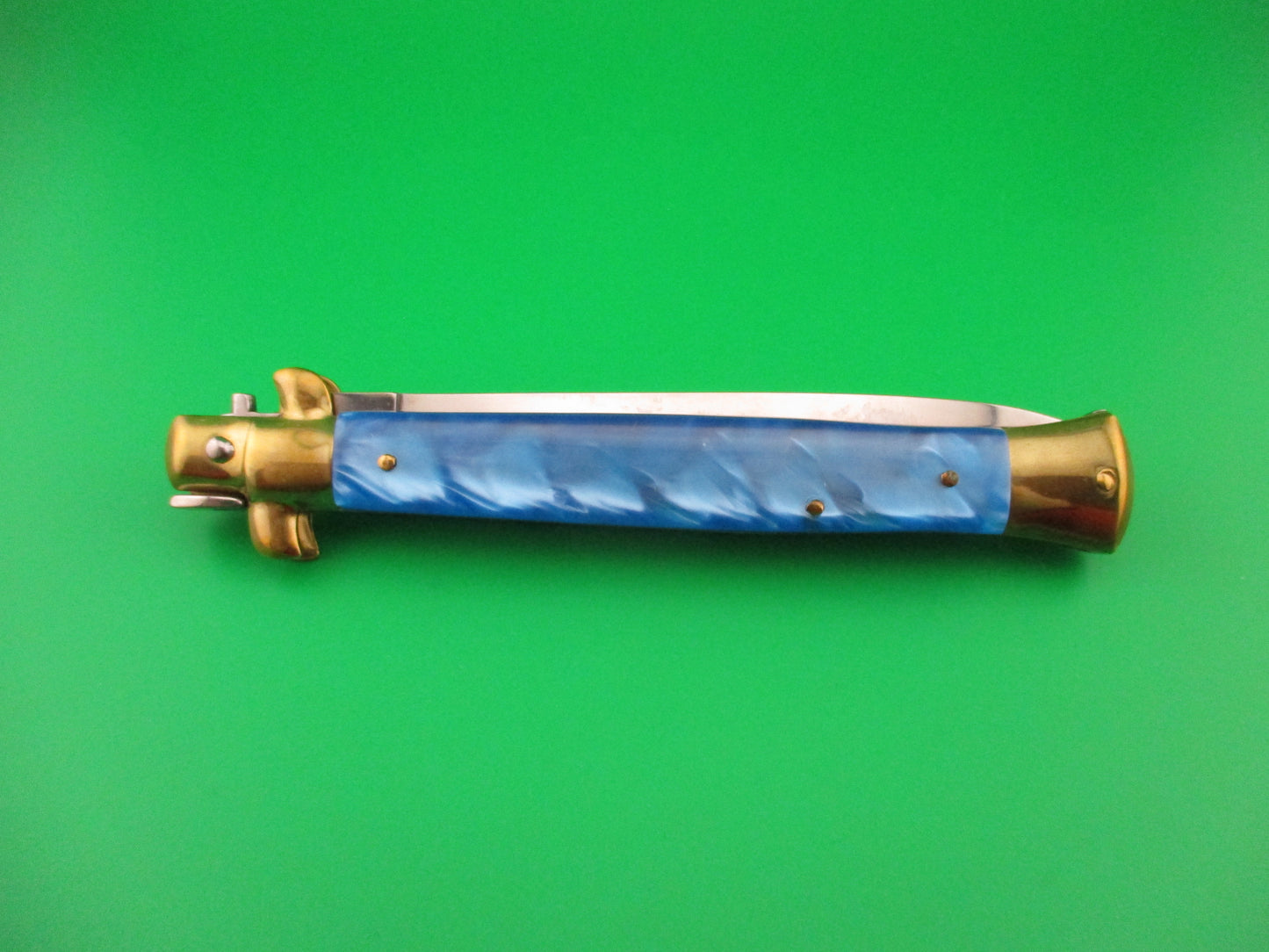 STILETTO ITALY 28cm Italian Stiletto Blue Pearlex & Brass Dagger vintage automatic knife