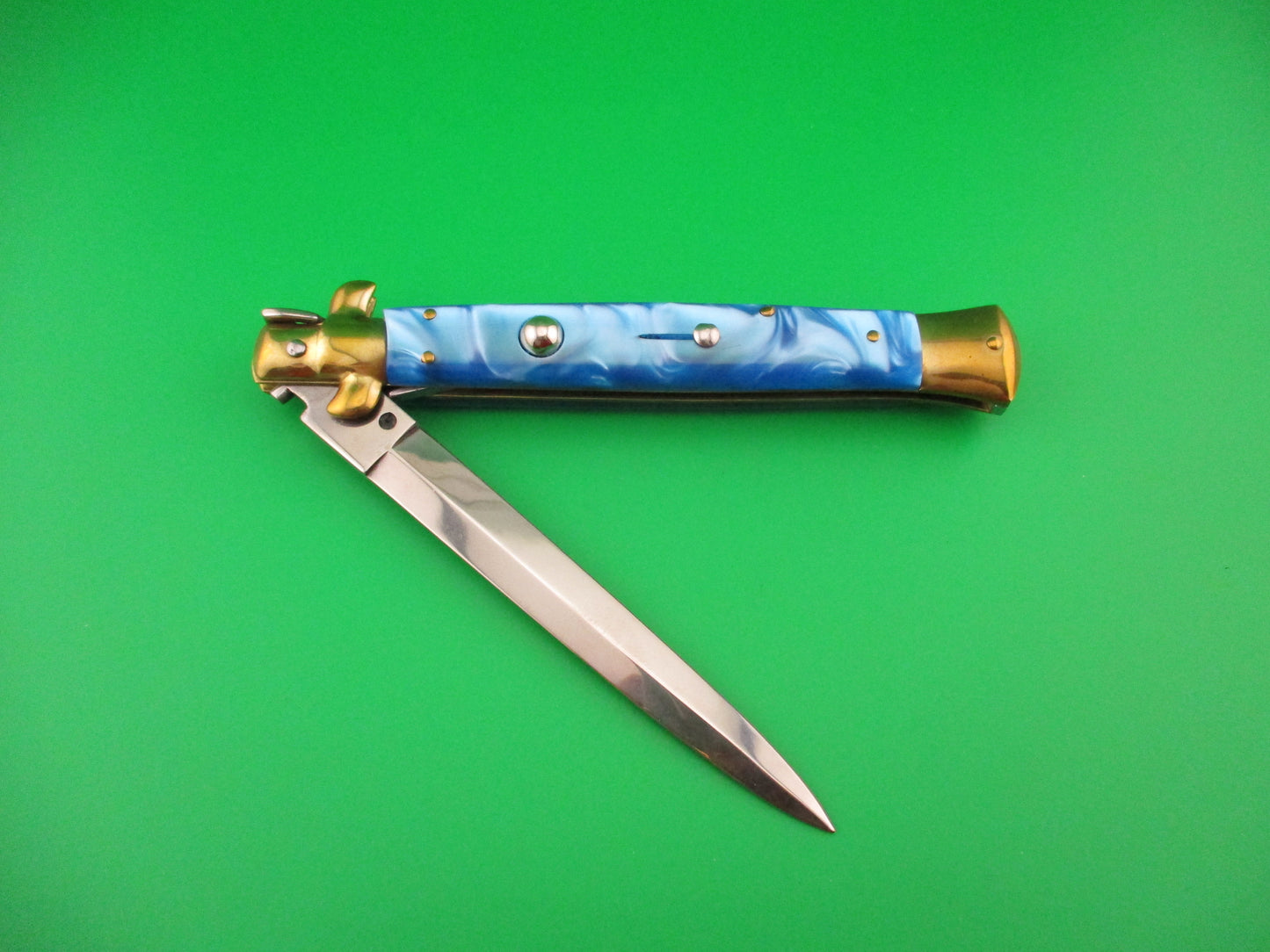 STILETTO ITALY 28cm Italian Stiletto Blue Pearlex & Brass Dagger vintage automatic knife
