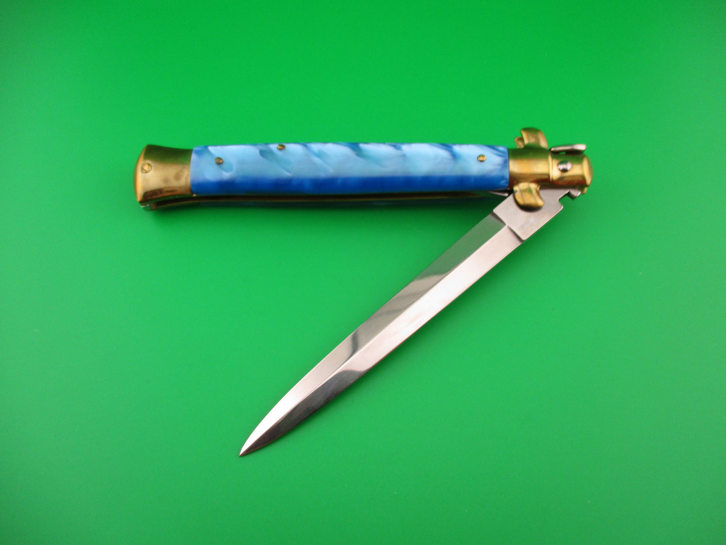 STILETTO ITALY 28cm Italian Stiletto Blue Pearlex & Brass Dagger vintage automatic knife