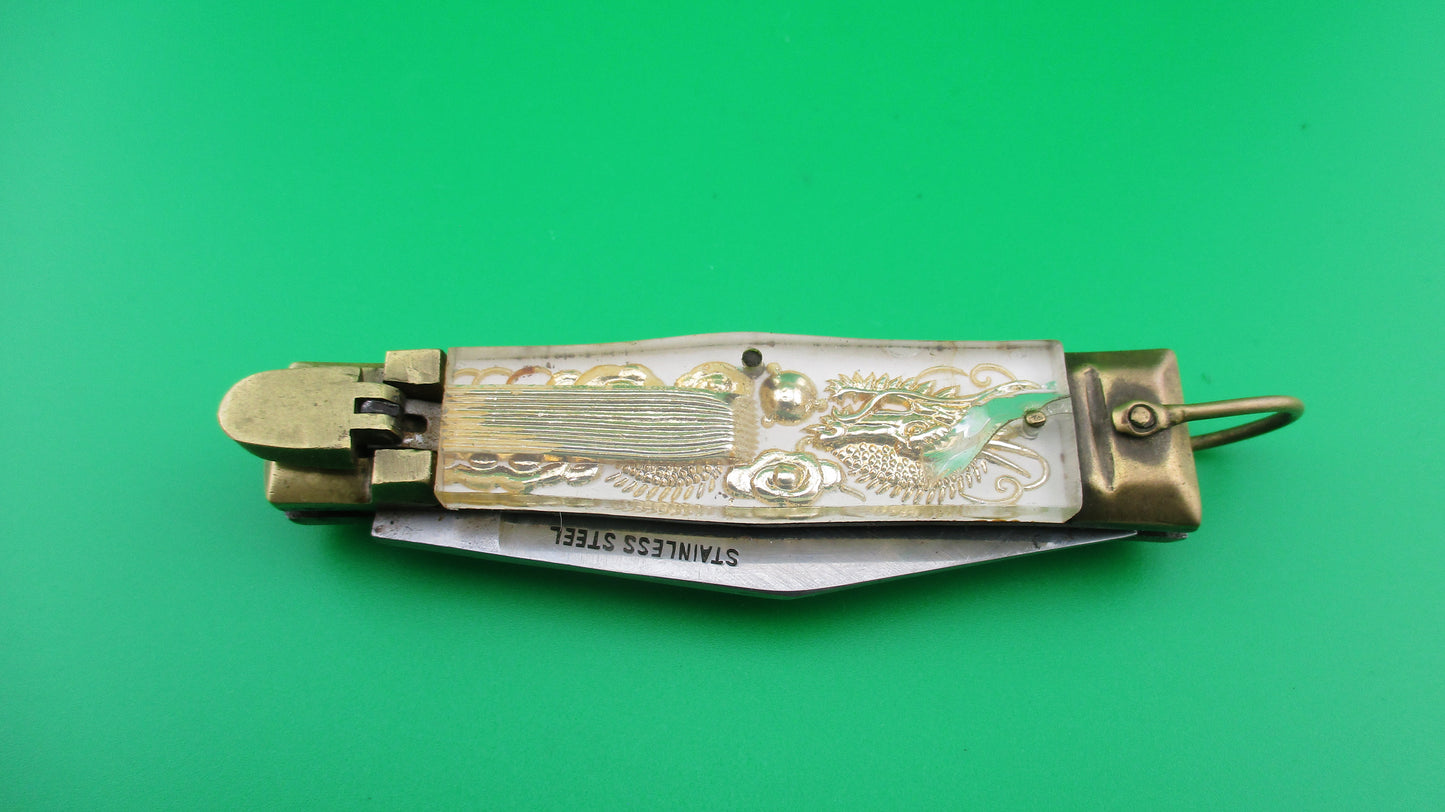 STAINLESS STEEL Bullfighter Dragon White 16cm Medium Vintage Mexican Souvenir switchblade