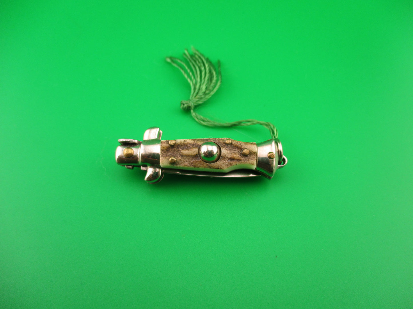 INOX 7cm Italian Mini Picklock Stag 4 pin vintage automatic knife with Green tassel