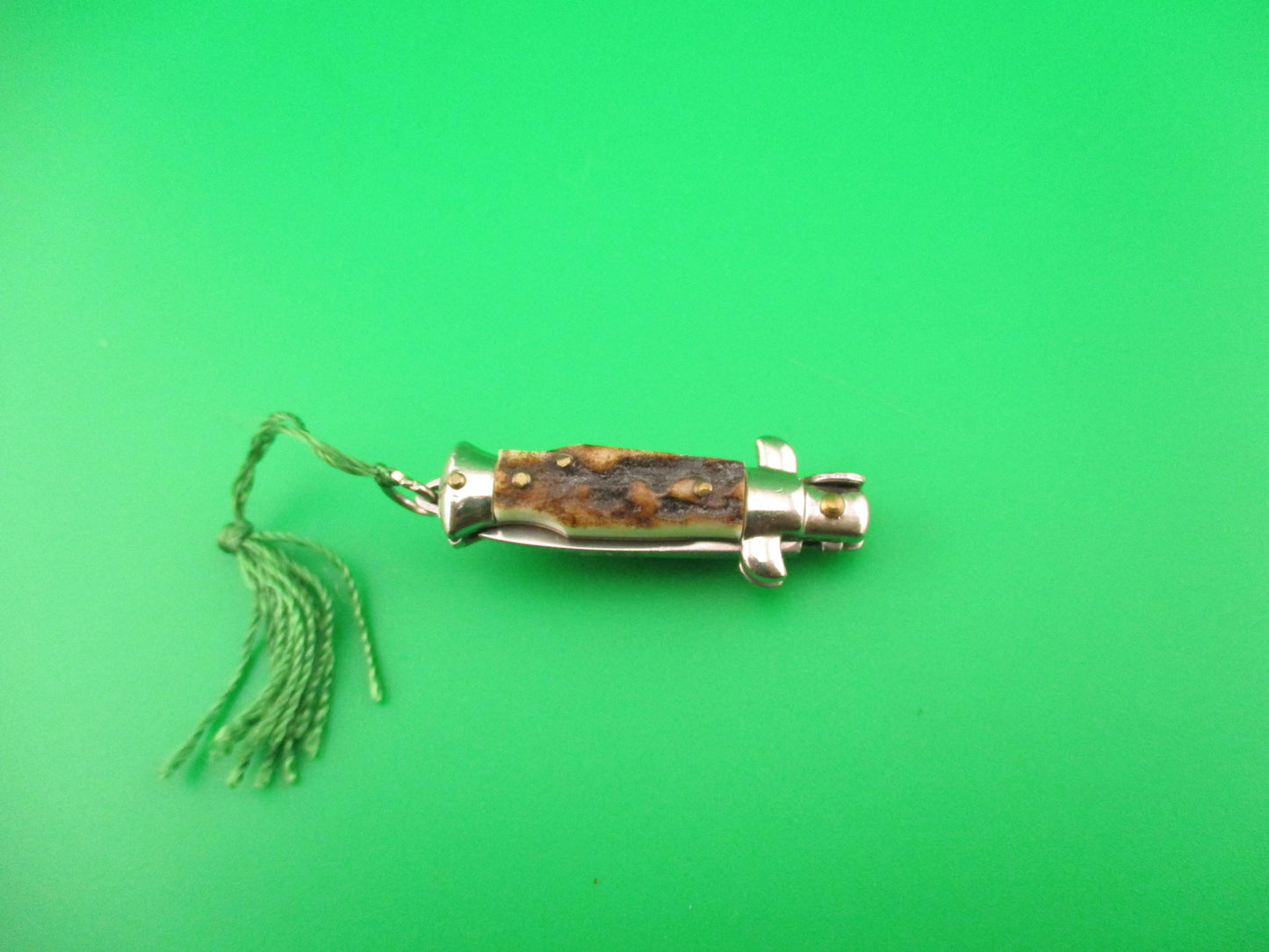 INOX 7cm Italian Mini Picklock Stag 4 pin vintage automatic knife with Green tassel