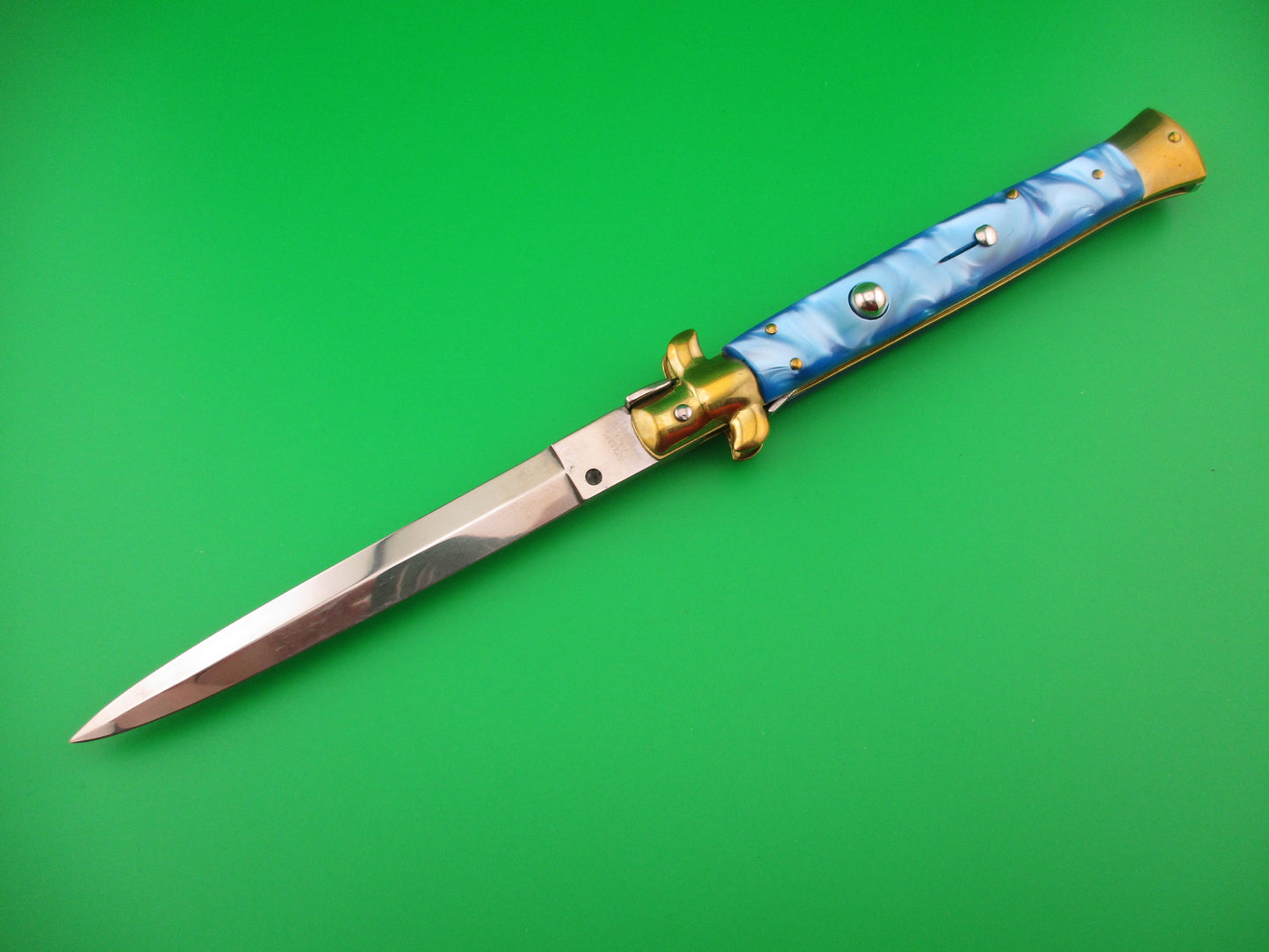 STILETTO ITALY 28cm Italian Stiletto Blue Pearlex & Brass Dagger vintage automatic knife