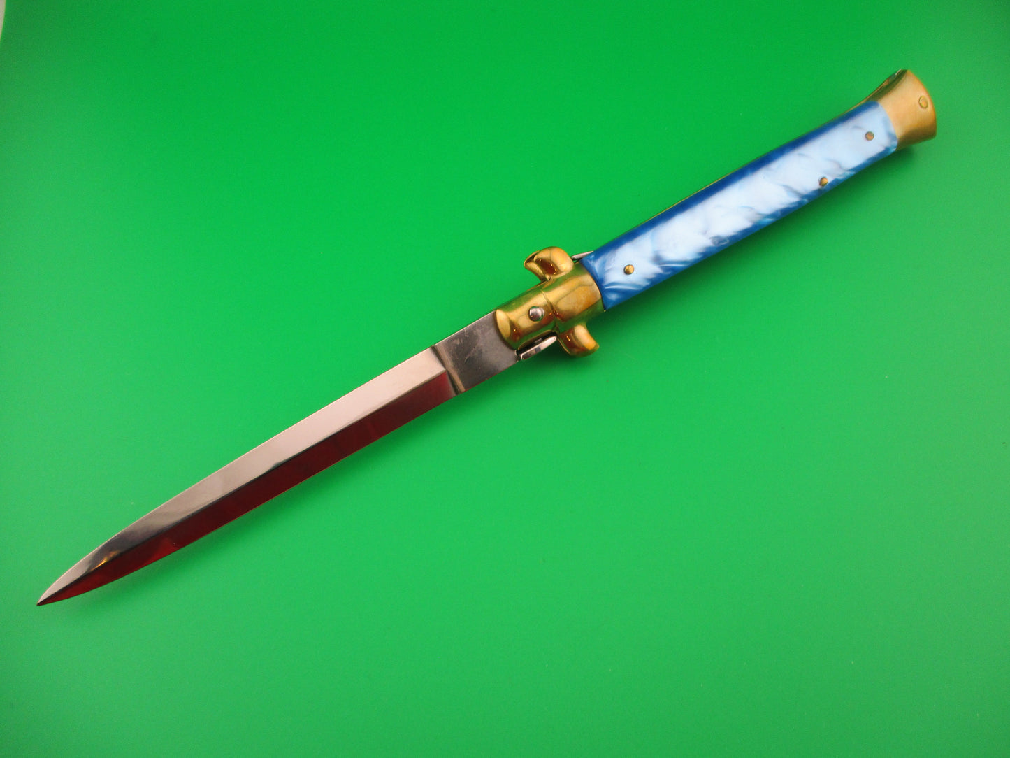 STILETTO ITALY 28cm Italian Stiletto Blue Pearlex & Brass Dagger vintage automatic knife