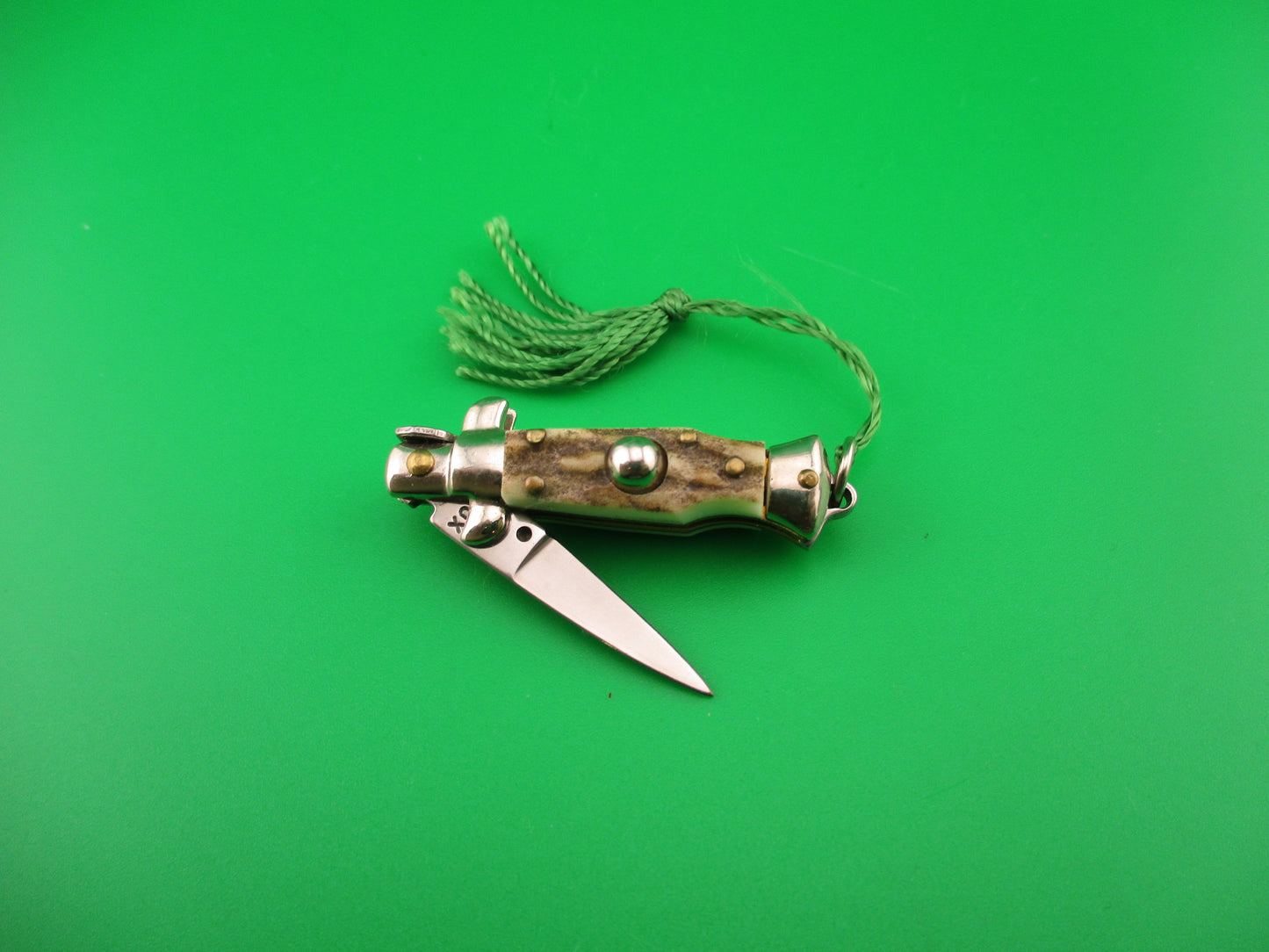 INOX 7cm Italian Mini Picklock Stag 4 pin vintage automatic knife with Green tassel
