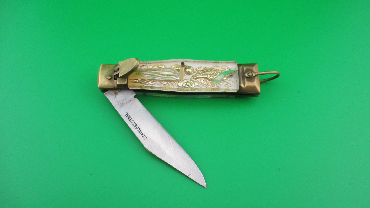 STAINLESS STEEL Bullfighter Dragon White 16cm Medium Vintage Mexican Souvenir switchblade