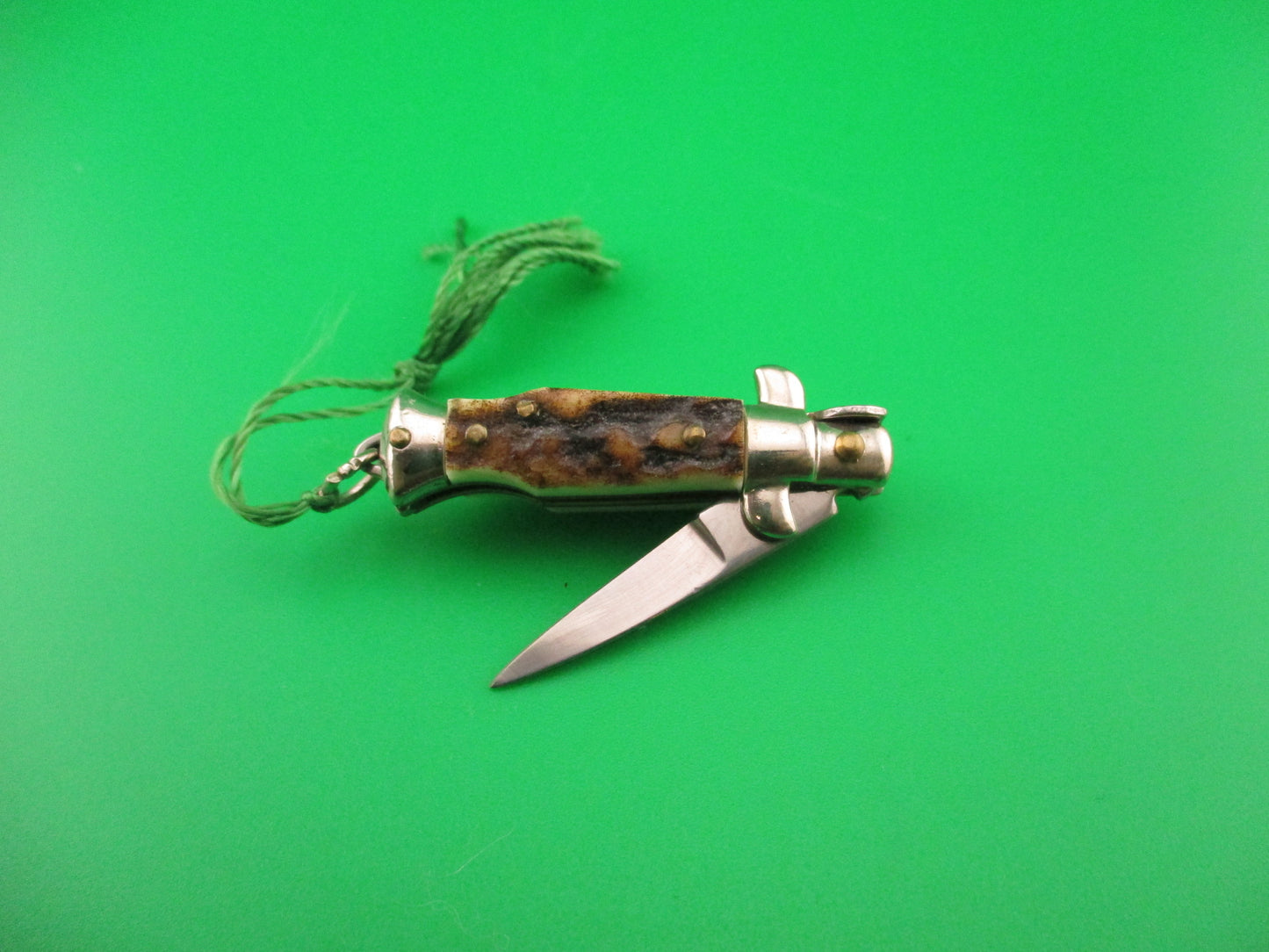 INOX 7cm Italian Mini Picklock Stag 4 pin vintage automatic knife with Green tassel