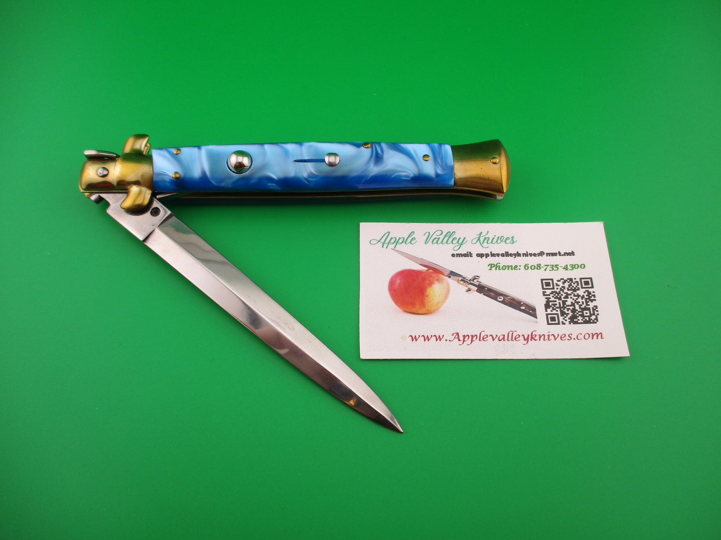 STILETTO ITALY 28cm Italian Stiletto Blue Pearlex & Brass Dagger vintage automatic knife