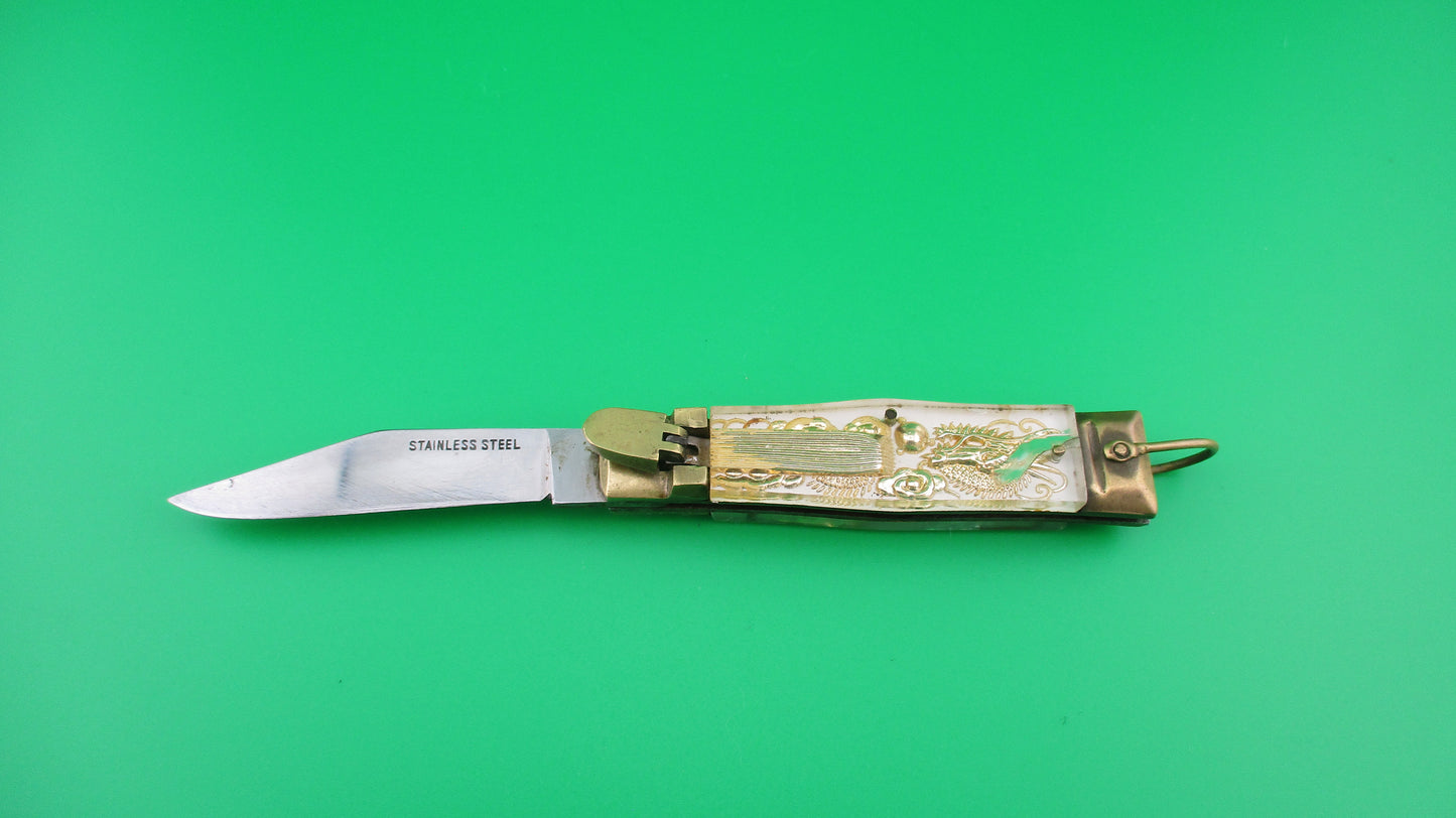 STAINLESS STEEL Bullfighter Dragon White 16cm Medium Vintage Mexican Souvenir switchblade