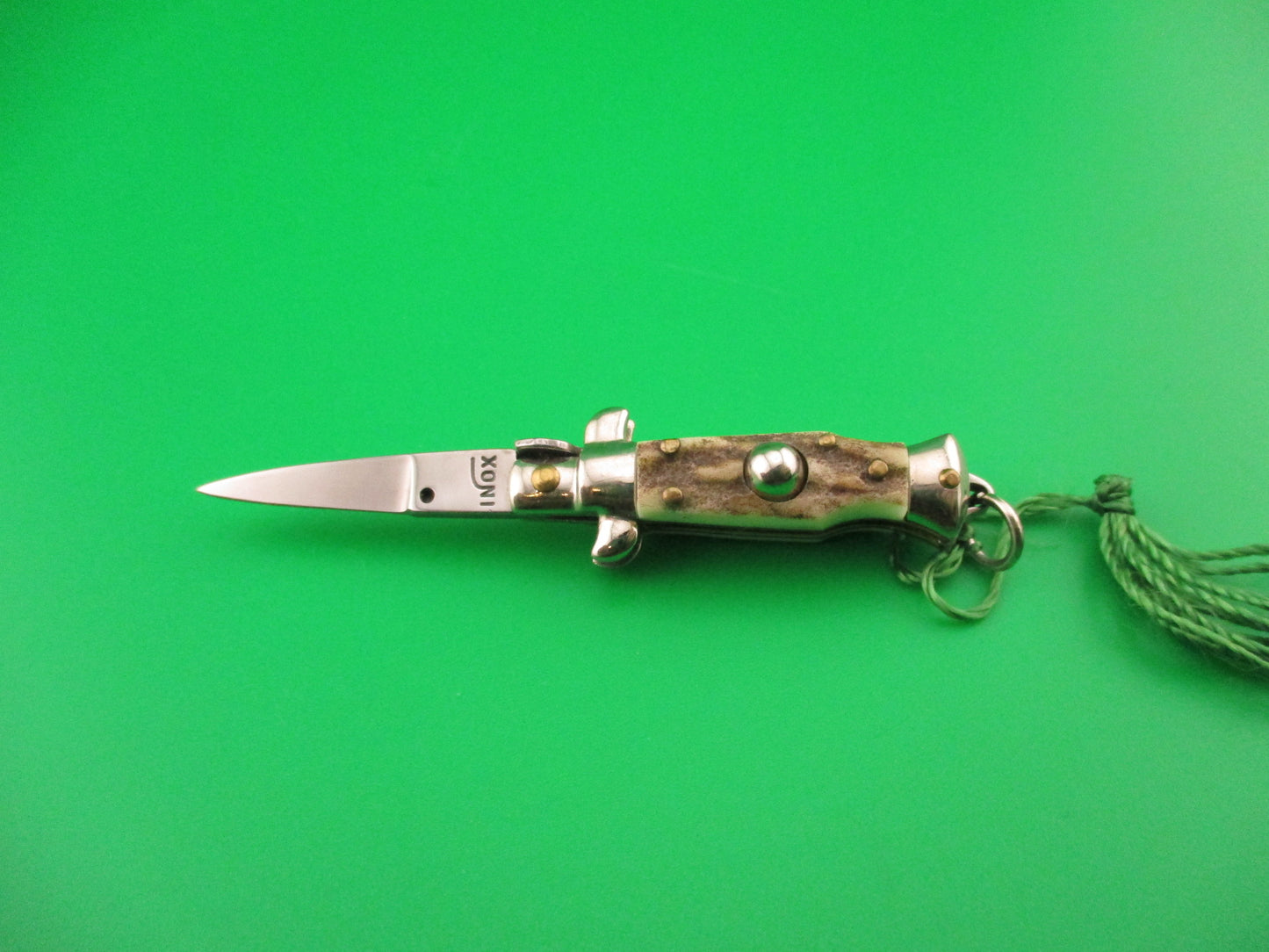INOX 7cm Italian Mini Picklock Stag 4 pin vintage automatic knife with Green tassel