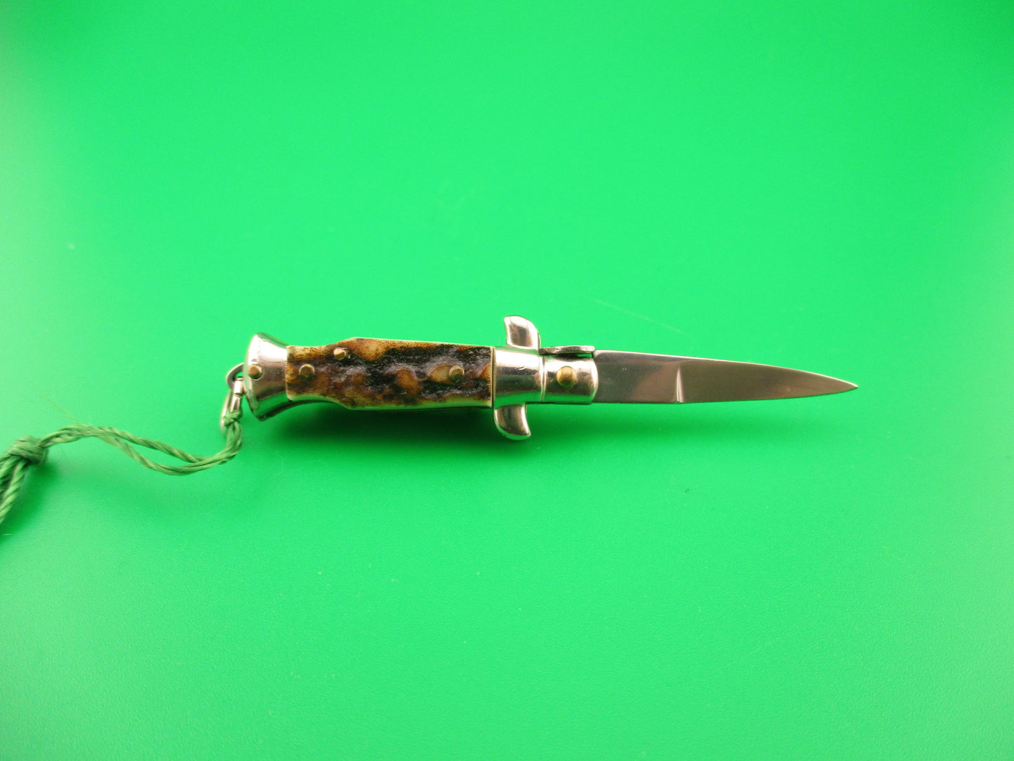 INOX 7cm Italian Mini Picklock Stag 4 pin vintage automatic knife with Green tassel