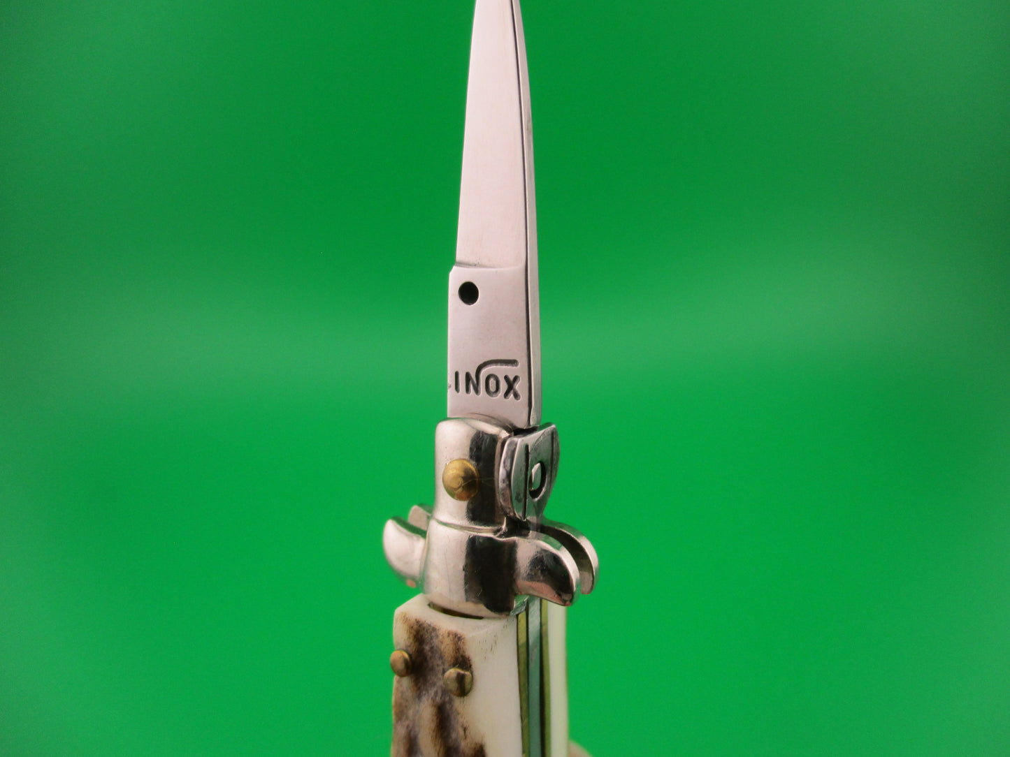 INOX 7cm Italian Mini Picklock Stag 4 pin vintage automatic knife with Green tassel