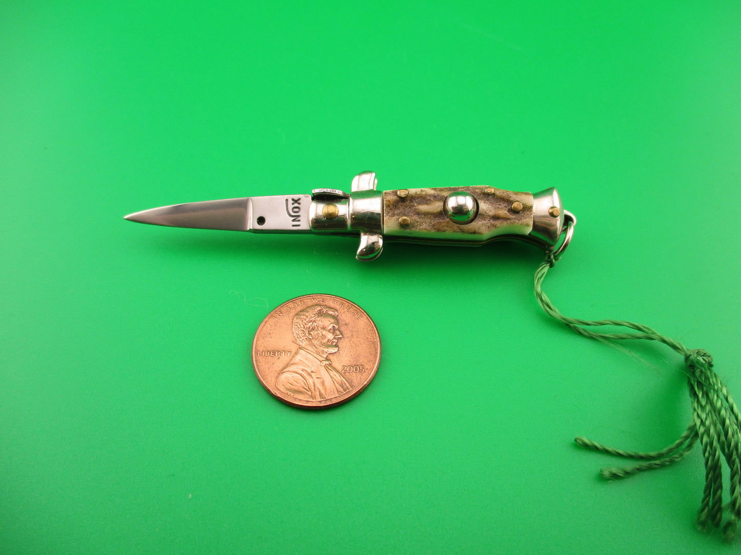 INOX 7cm Italian Mini Picklock Stag 4 pin vintage automatic knife with Green tassel