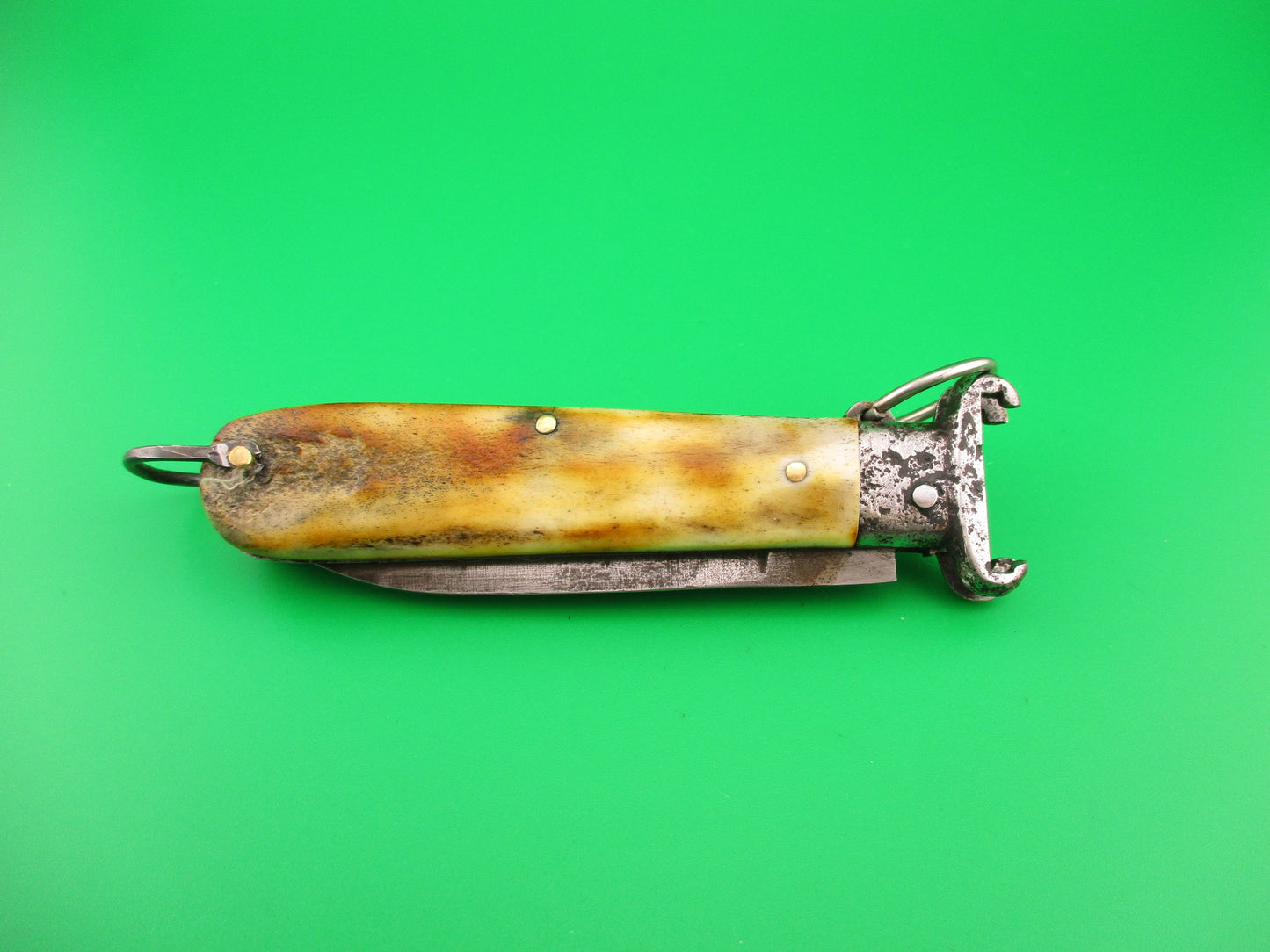 Old 18cm Italian Stag Ring Pull Shellpuller Red dot automatic knife with lanyard ring