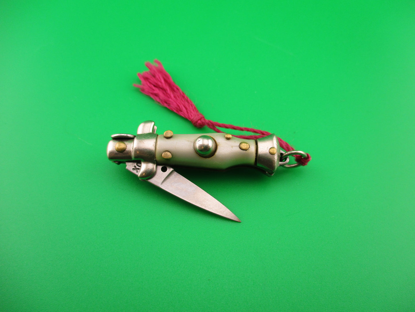INOX 7cm Italian Mini Picklock Pearlex 4 pin vintage automatic knife with Maroon tassel