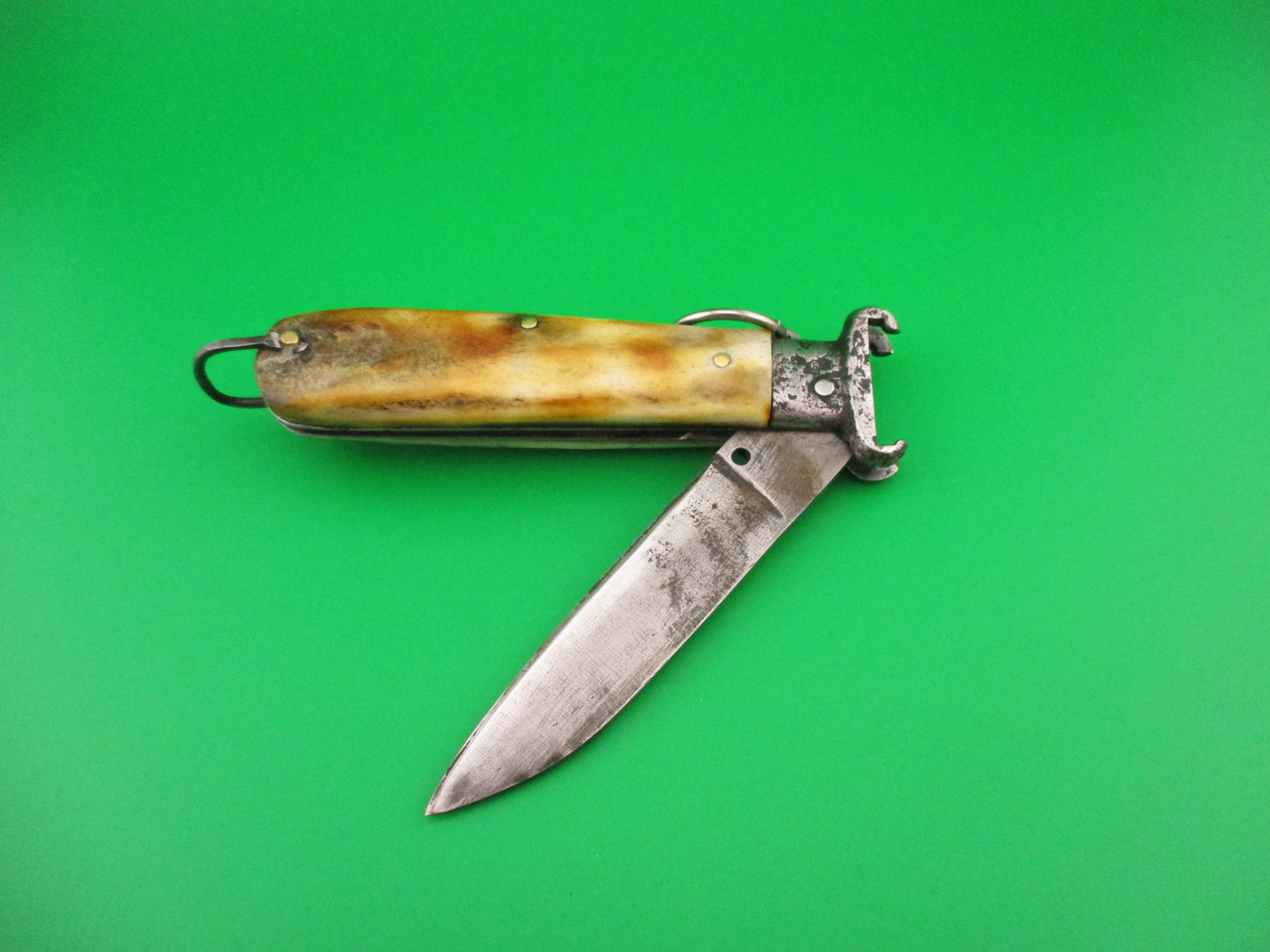 Old 18cm Italian Stag Ring Pull Shellpuller Red dot automatic knife with lanyard ring