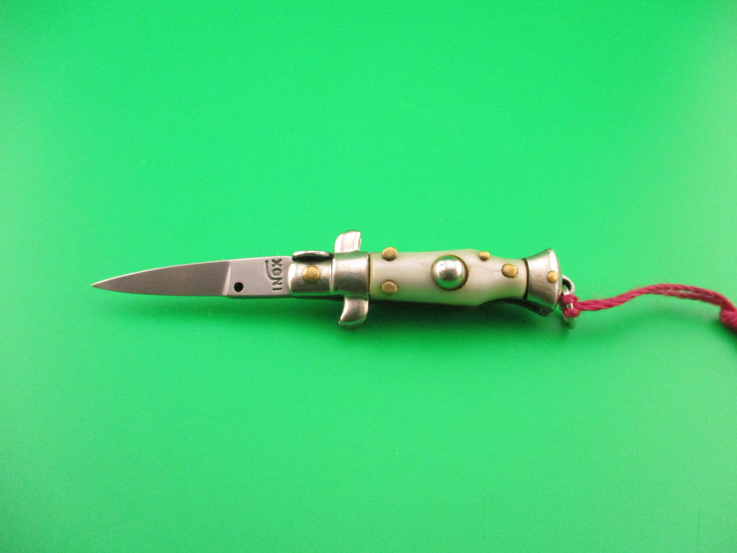 INOX 7cm Italian Mini Picklock Pearlex 4 pin vintage automatic knife with Maroon tassel