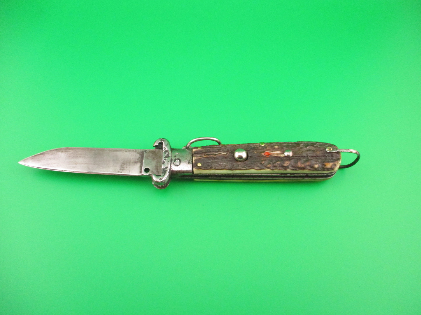 Old 18cm Italian Stag Ring Pull Shellpuller Red dot automatic knife with lanyard ring