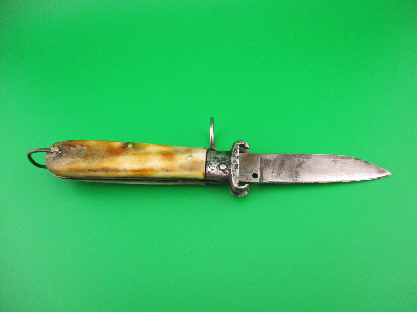 Old 18cm Italian Stag Ring Pull Shellpuller Red dot automatic knife with lanyard ring